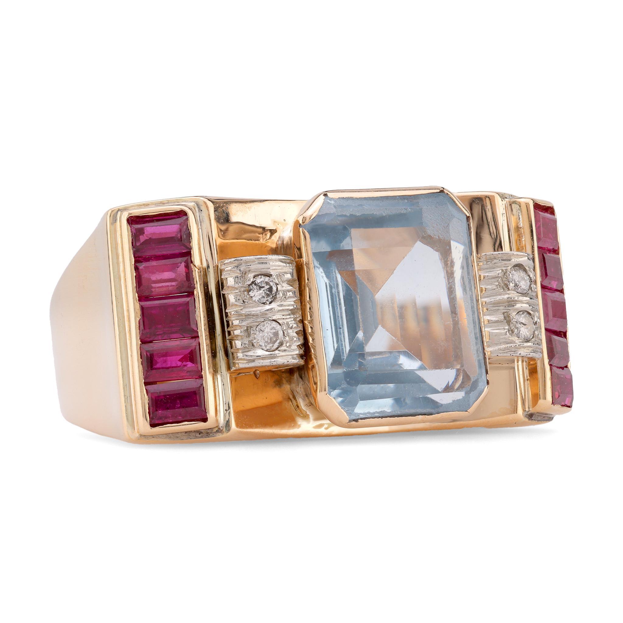 Emerald Cut Retro 6 Carat Aquamarine Ruby Diamond 14K Yellow Gold Tank Ring