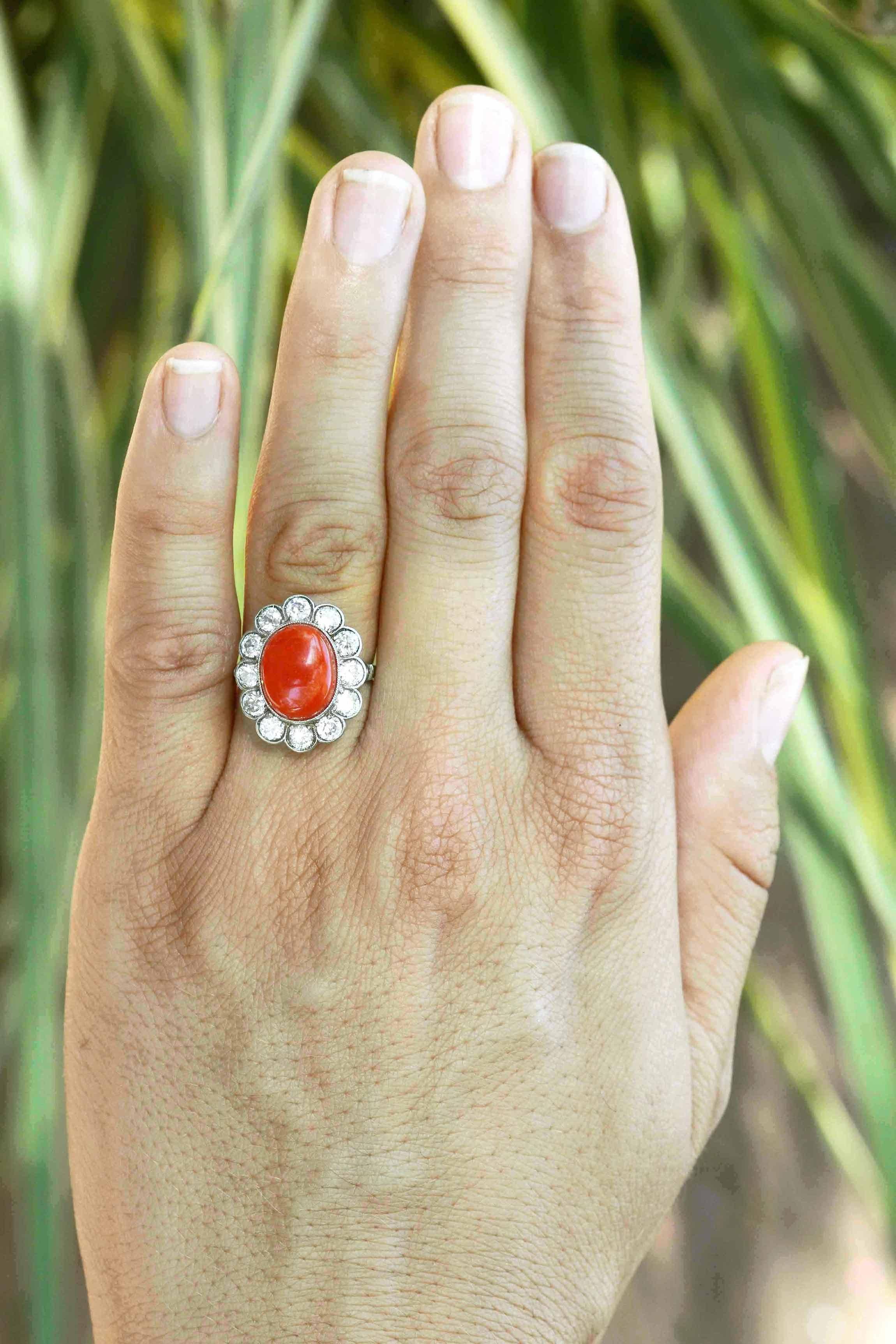 The Santa Fe Retro era ox blood coral and diamond dome is a stunning cocktail ring. An attention-grabbing cluster boasting a lush, ox blood red 6 carat cabochon smartly surrounded by a scalloped milgrain halo of a dozen old European cut brilliant