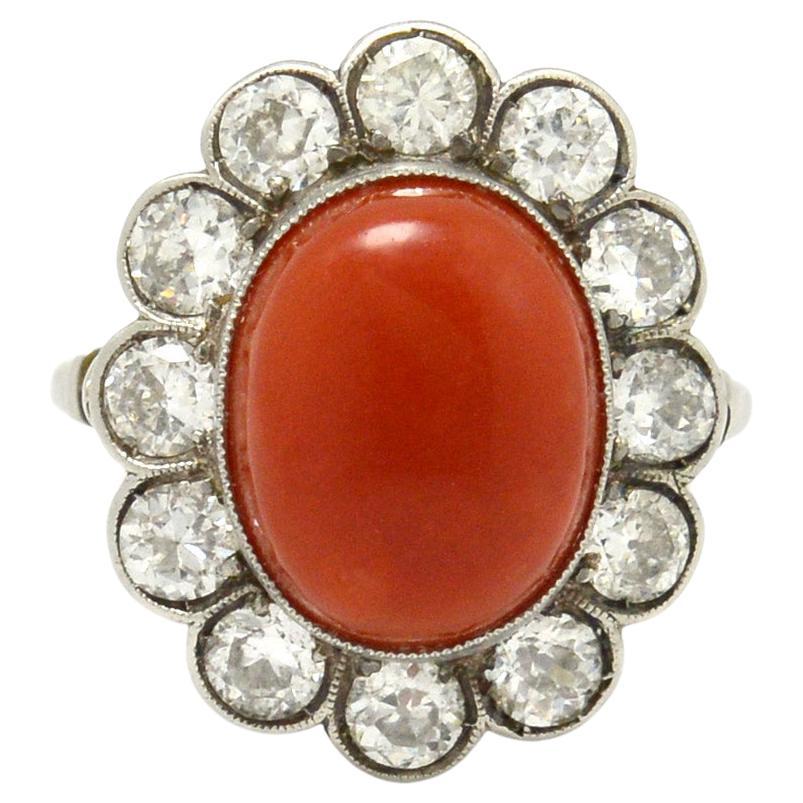 Retro 6 Carat Ox Blood Coral Diamond Dome Cocktail Ring Scalloped Milgrain Halo