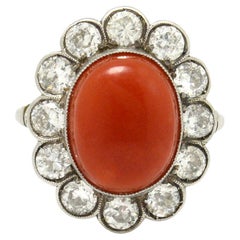 Vintage 6 Carat Ox Blood Coral Diamond Dome Cocktail Ring Scalloped Milgrain Halo