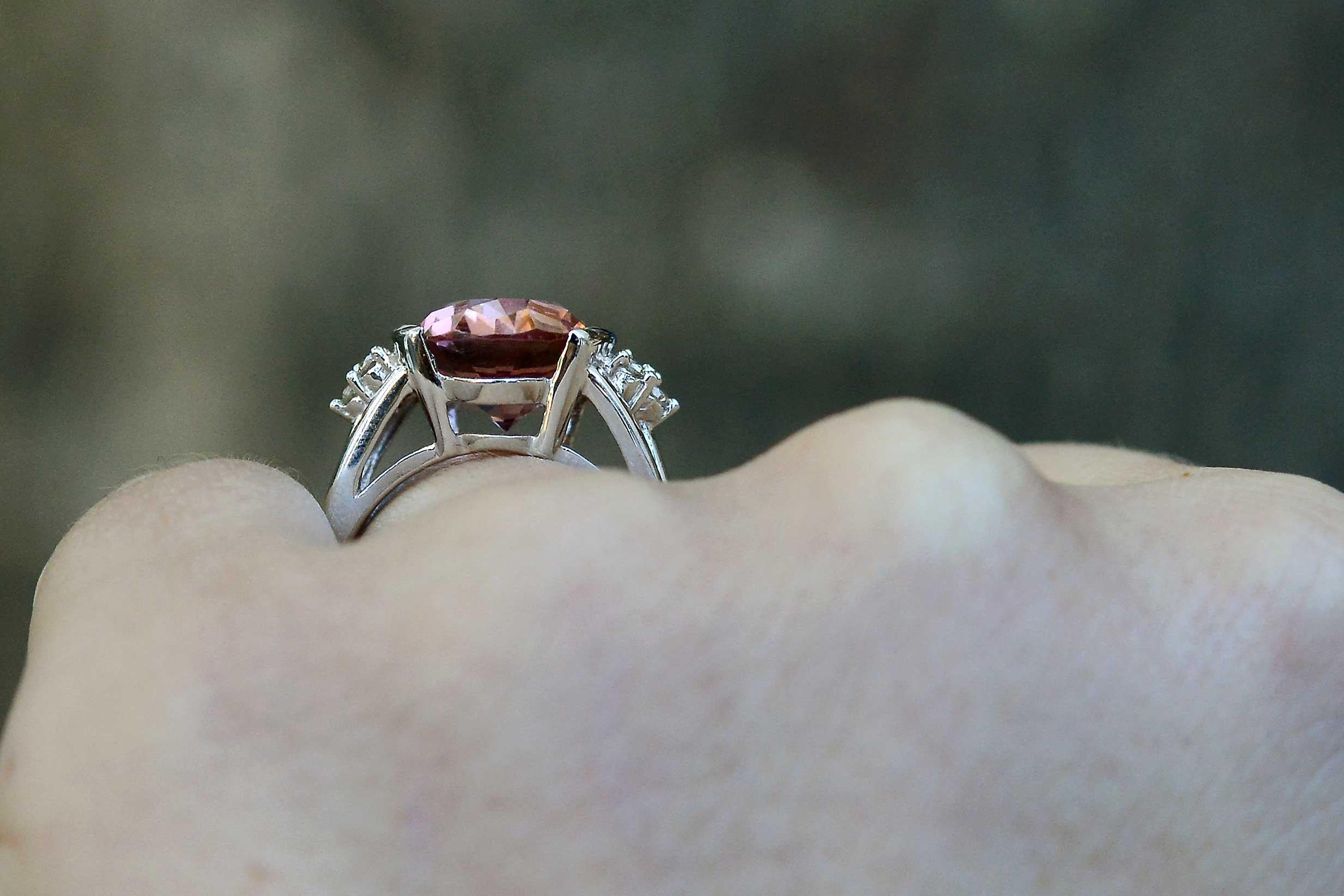 Retro 6.05 Carat Padparascha Peach Tourmaline Oval Engagement Ring In Good Condition For Sale In Santa Barbara, CA