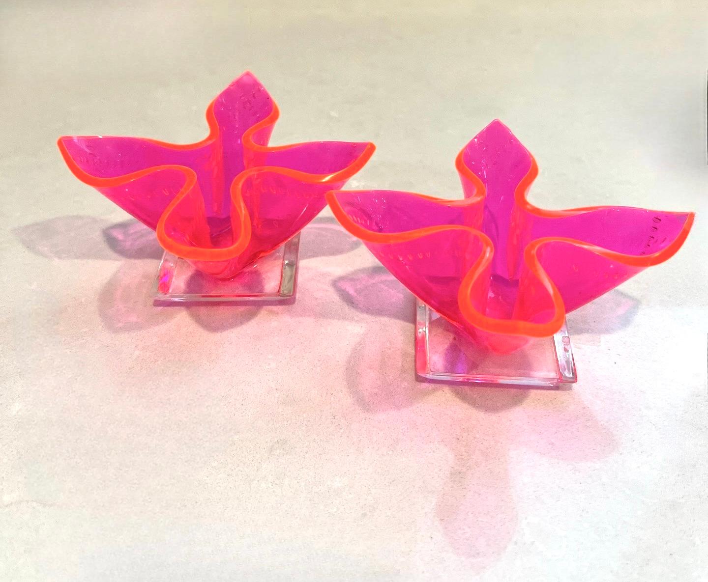 Space Age Retro 60s 70s Mid Century Modern Neon Pink Acrylic/Lucite Candleholder Pair