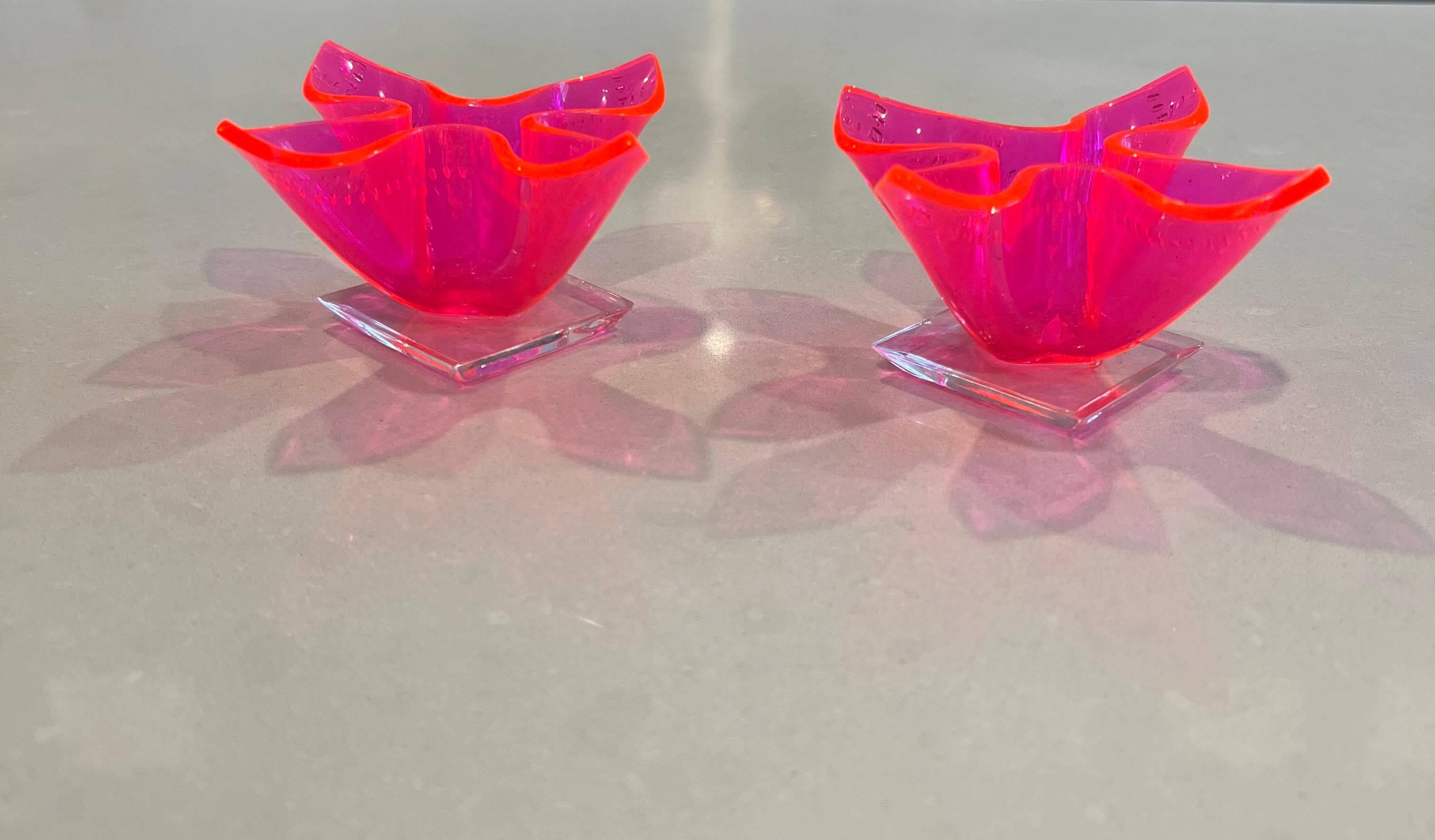 Molded Retro 60s 70s Mid Century Modern Neon Pink Acrylic/Lucite Candleholder Pair
