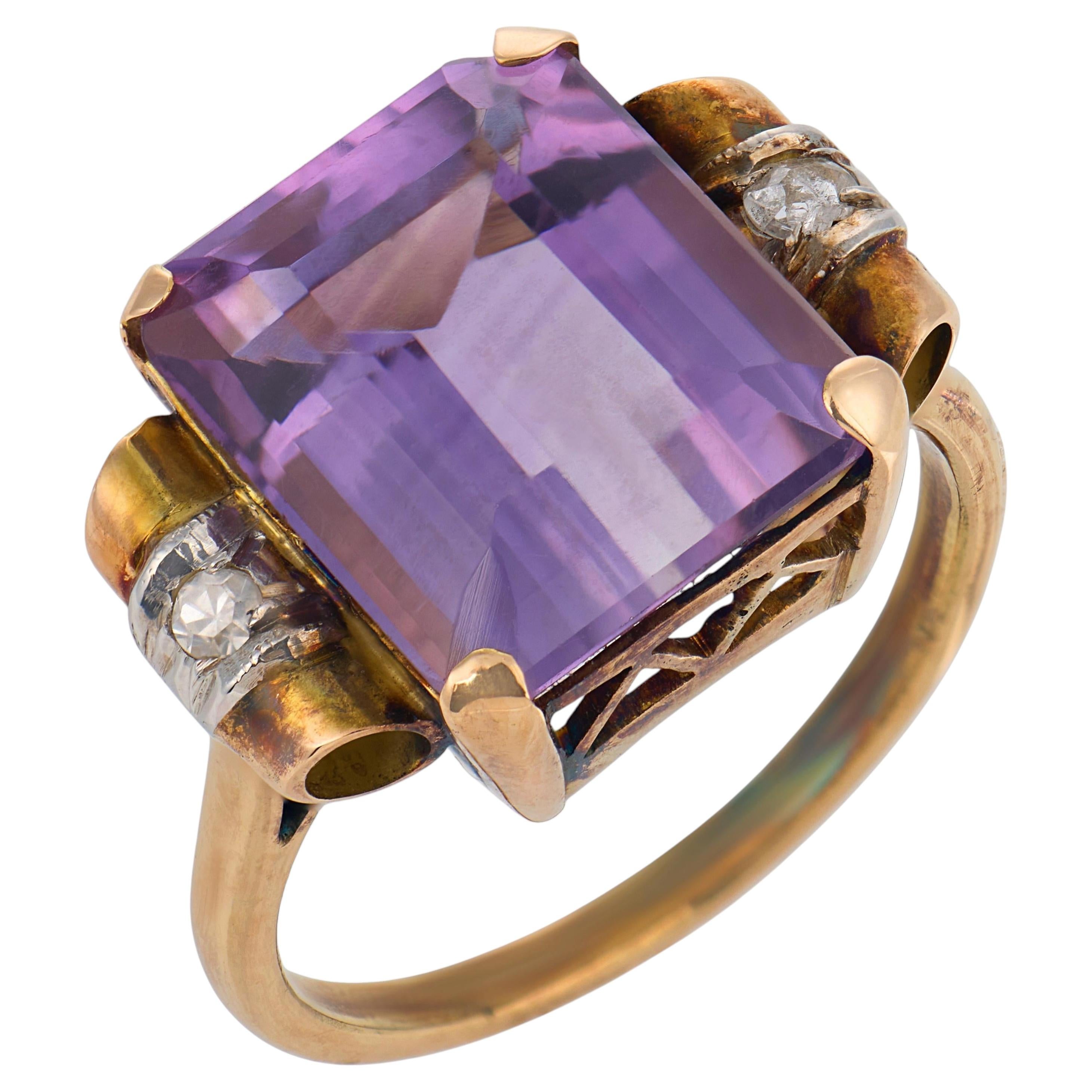 Retro 6.30 carat amethyst diamond 18k rose gold and silver ring