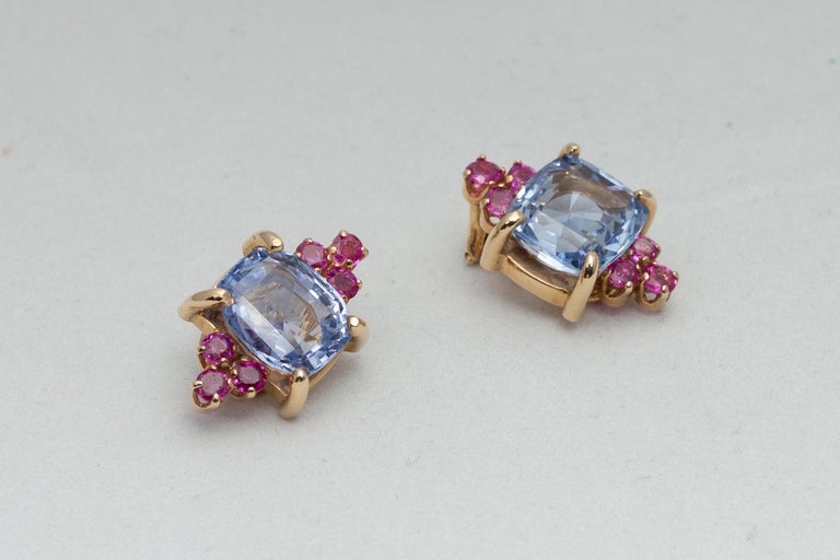 Retro 6.50 and 7.00 Carat Ceylon Sapphire and Ruby Ear Clips in Yellow ...