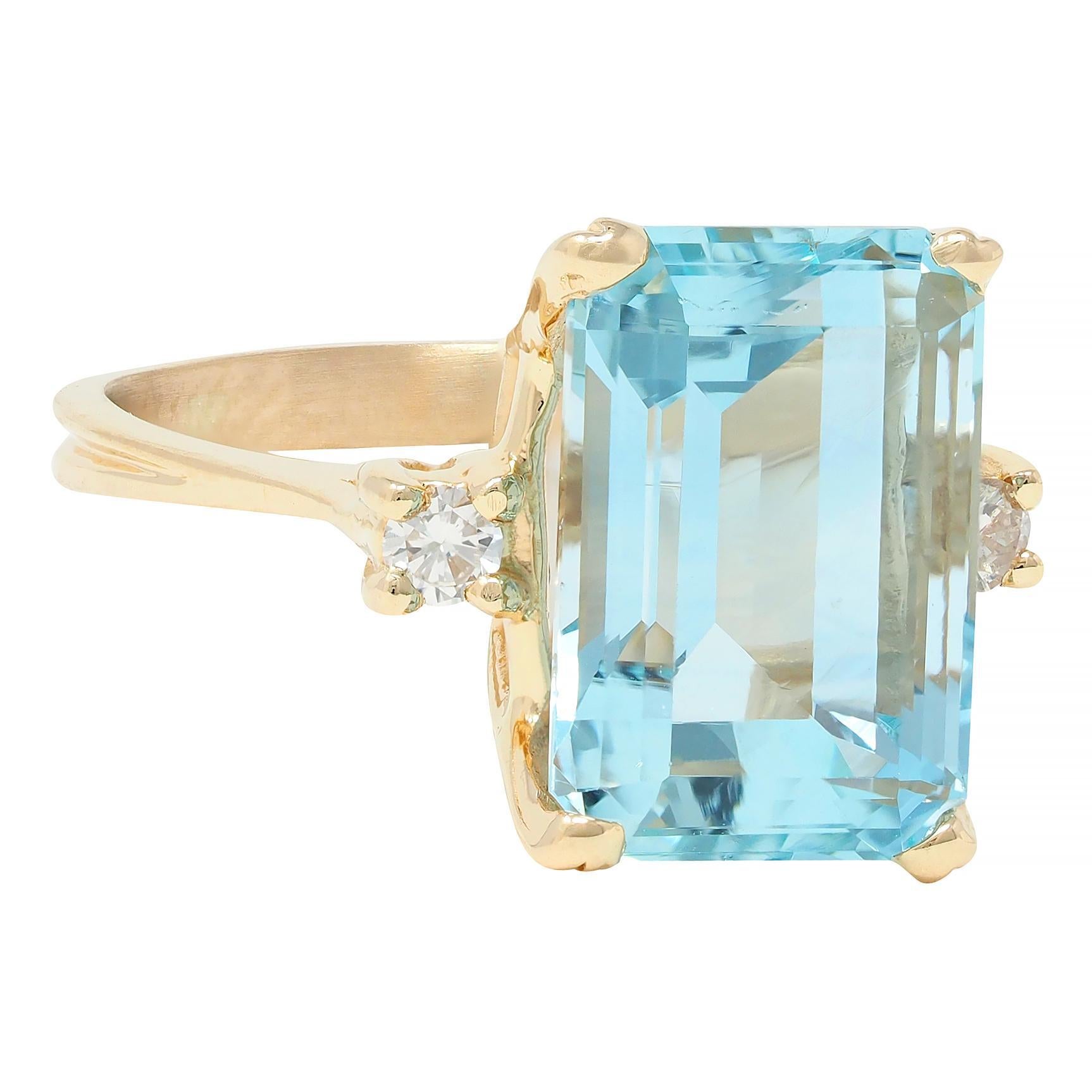 Emerald Cut Retro 6.55 CTW Aquamarine Diamond 14 Karat Yellow Gold Vintage Ring
