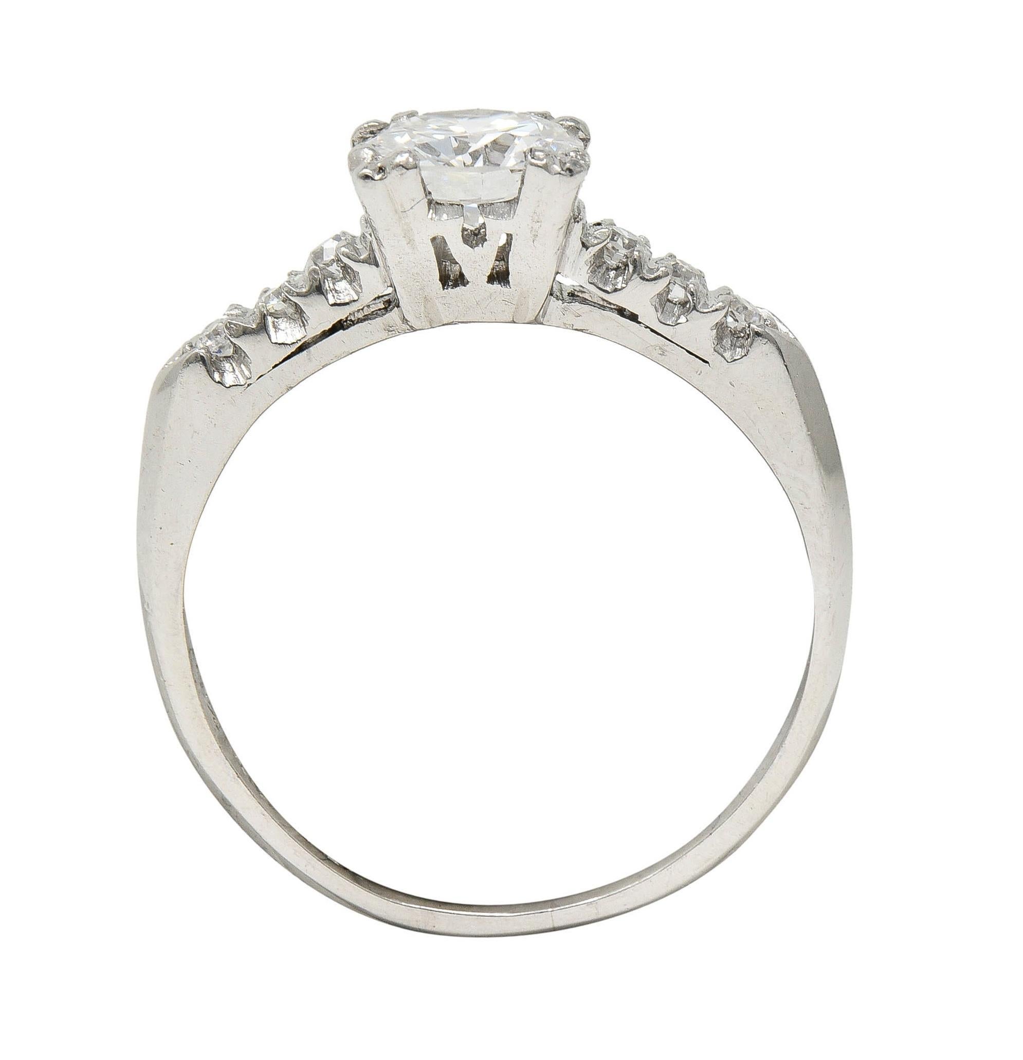 Retro .68 CTW Transitional Cut Diamond Platinum Fishtail Vintage Engagement Ring In Excellent Condition For Sale In Philadelphia, PA
