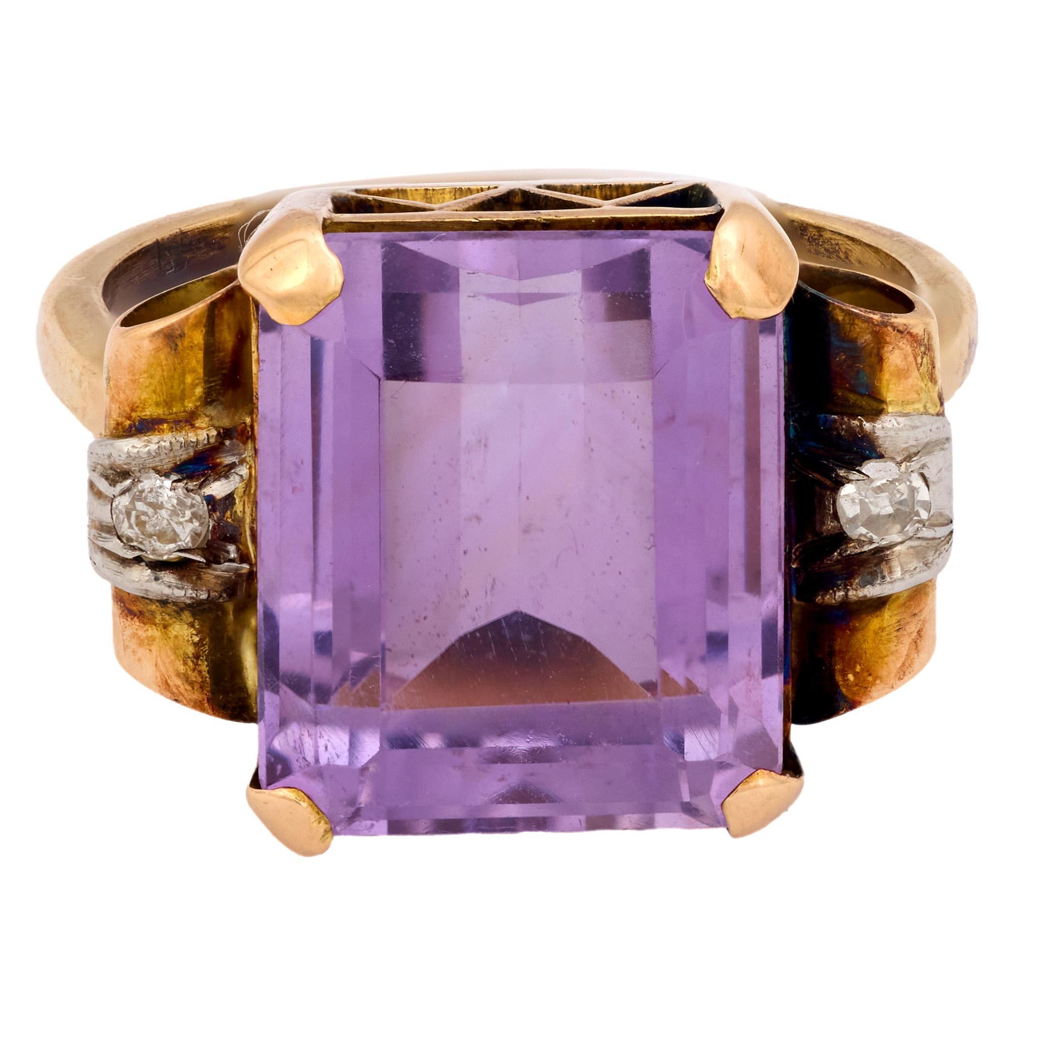 Rétro Bague cocktail rétro 6,90 carats améthyste diamant or jaune 18k en vente