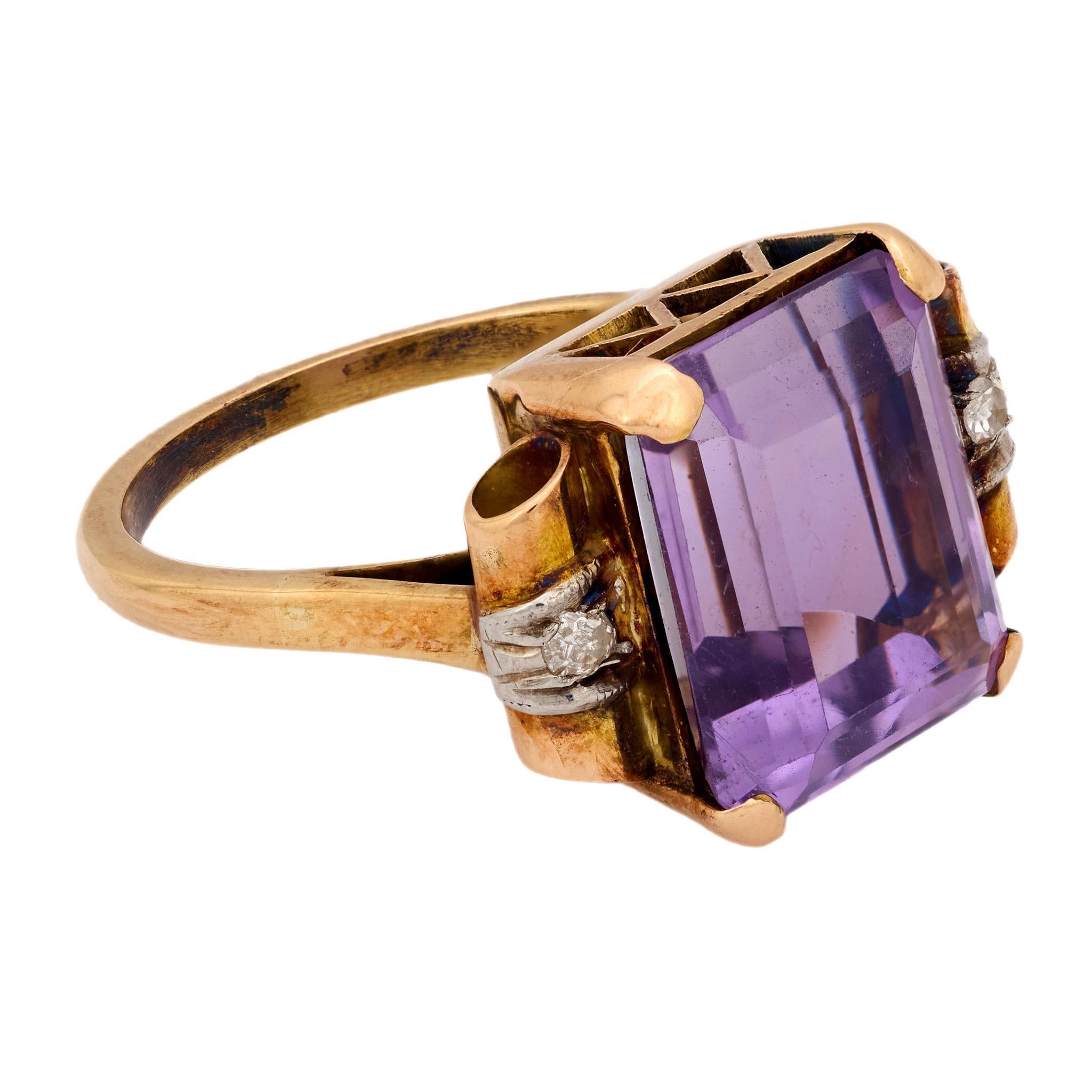 Bague cocktail rétro 6,90 carats améthyste diamant or jaune 18k Bon état - En vente à Beverly Hills, CA