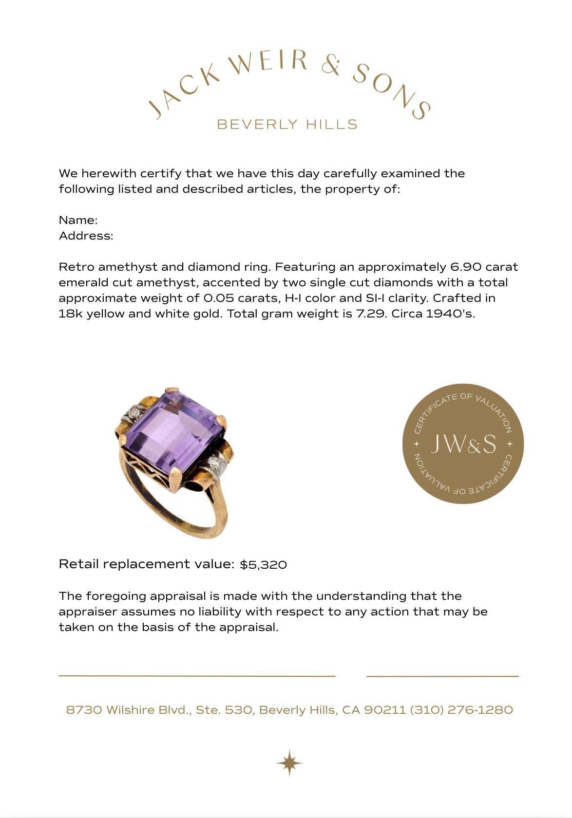 Bague cocktail rétro 6,90 carats améthyste diamant or jaune 18k Pour femmes en vente