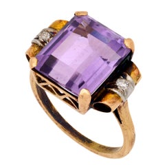 Bague cocktail rétro 6,90 carats améthyste diamant or jaune 18k