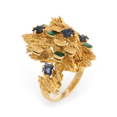 Retro 70s Sapphire Green Enamel Abstract Freeform Cocktail Ring Vintage 18k Gold
