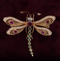 Retro 7.40 Ct Diamond Ruby Emerald 18 Kt Dragonfly Brooch