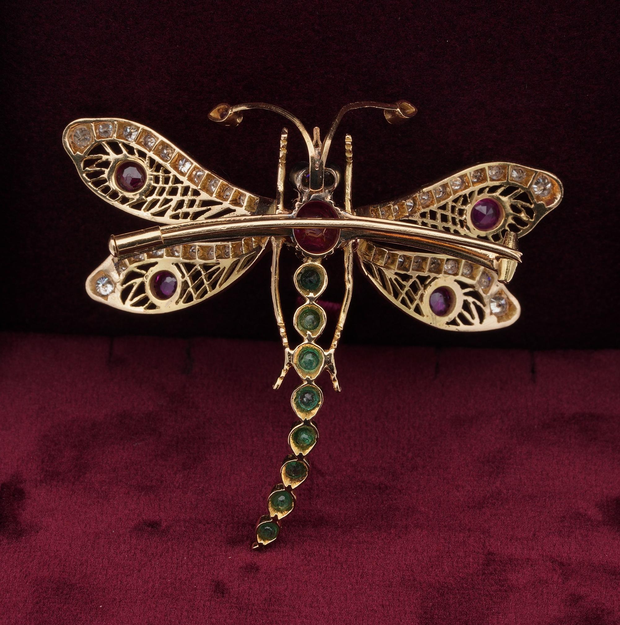 Retro 7.40 Ct Diamond Ruby Emerald 18 Kt Dragonfly Brooch For Sale 2