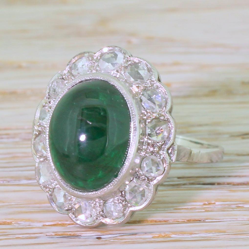Retro 7.61 Carat Cabochon Emerald and Rose Cut Diamond Cluster Ring For Sale 3
