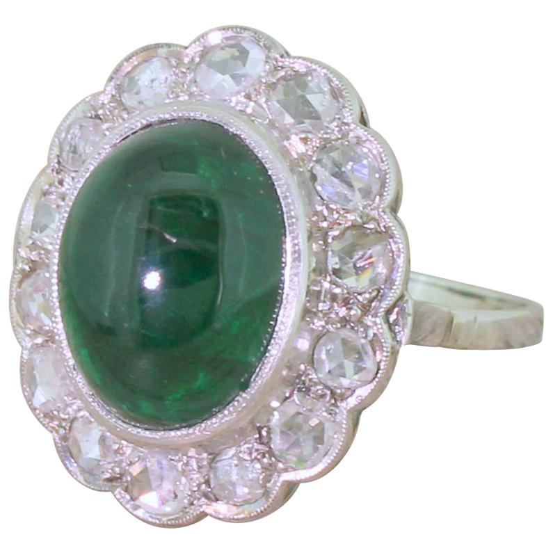 Retro 7.61 Carat Cabochon Emerald and Rose Cut Diamond Cluster Ring For Sale