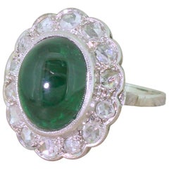 Retro 7.61 Carat Cabochon Emerald and Rose Cut Diamond Cluster Ring