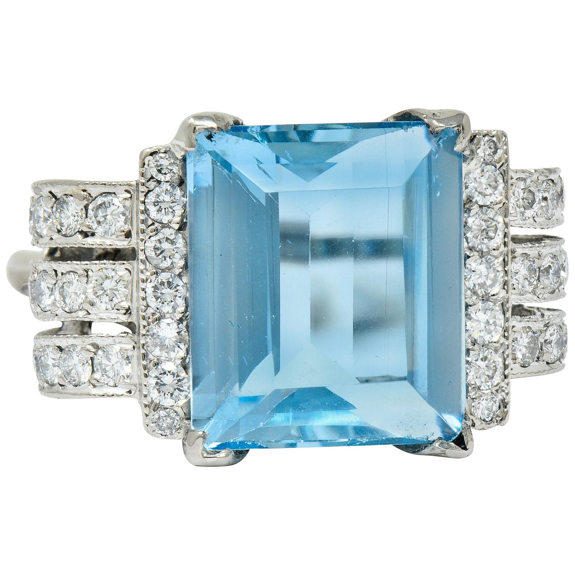 Retro 7.75 Carat Aquamarine Diamond 18 Karat Gold Scrolled Statement Ring