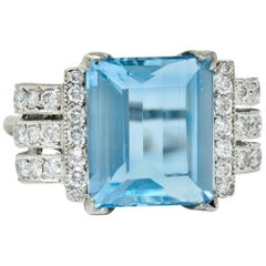 Retro 7.75 Carat Aquamarine Diamond 18 Karat Gold Scrolled Statement Ring