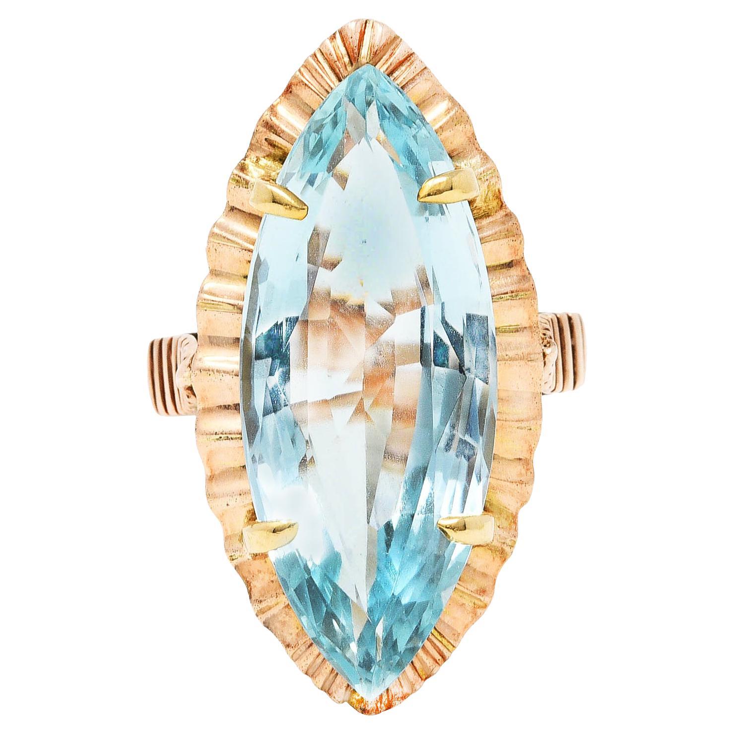 Vintage 14K Gold & Aquamarine Oval Three Stone Cocktail Ring Sz 8.25