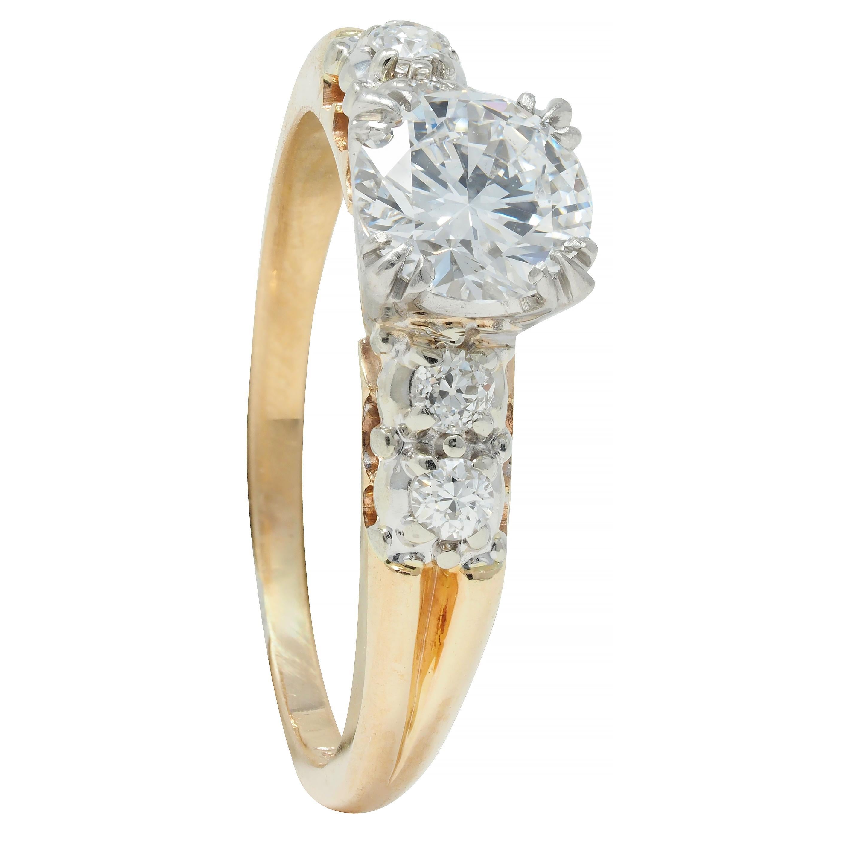Retro .91 CTW Transitional Cut Diamond Platinum 14K Gold Vintage Engagement Ring For Sale 6