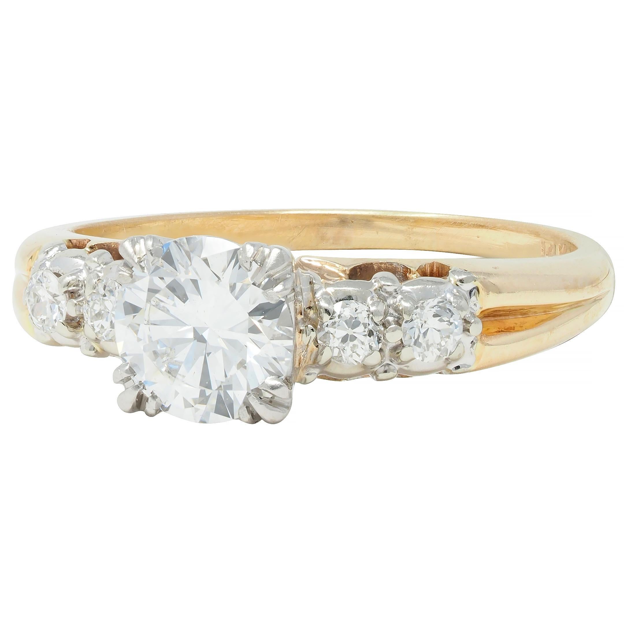 Retro .91 CTW Transitional Cut Diamond Platinum 14K Gold Vintage Engagement Ring For Sale 2