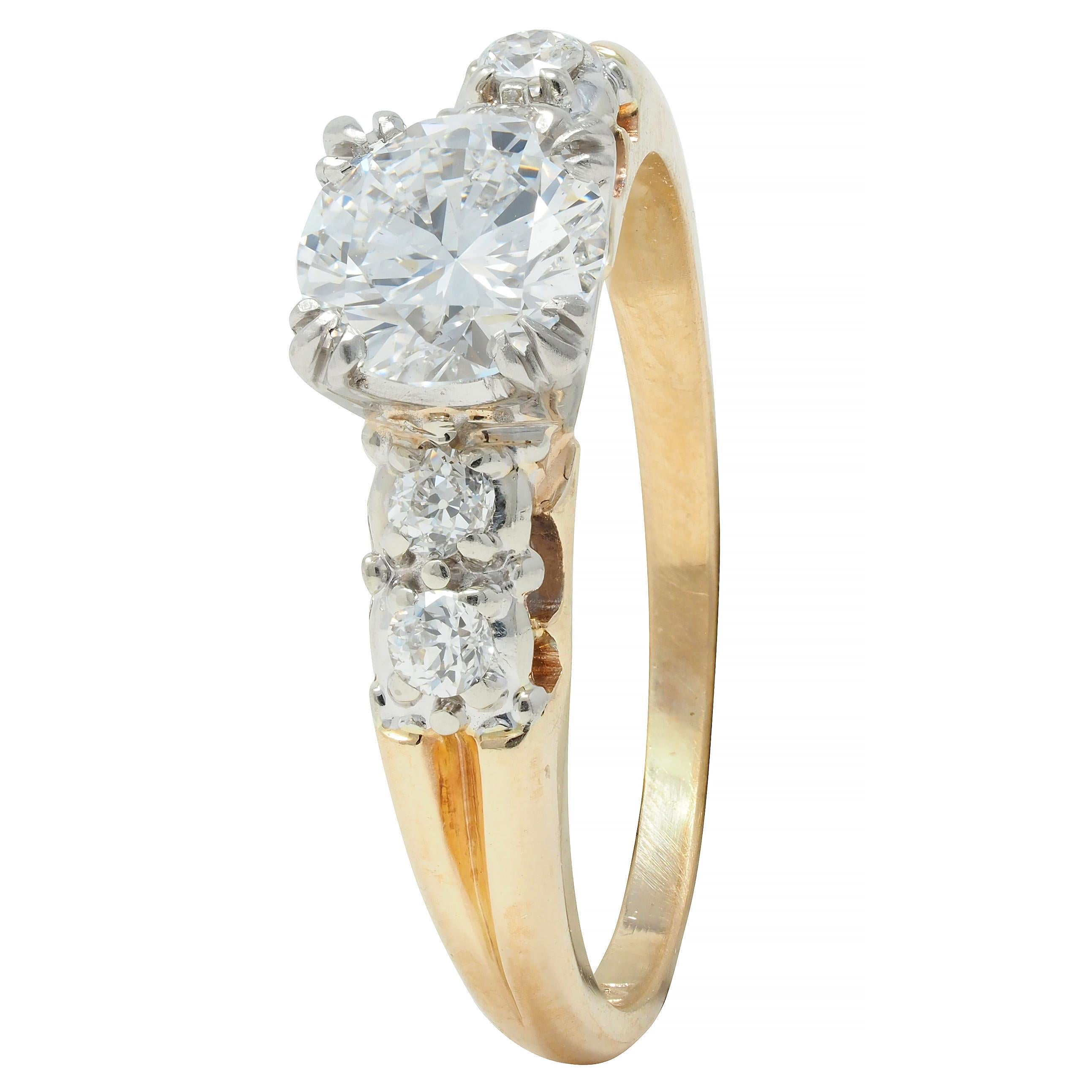Retro .91 CTW Transitional Cut Diamond Platinum 14K Gold Vintage Engagement Ring For Sale 3