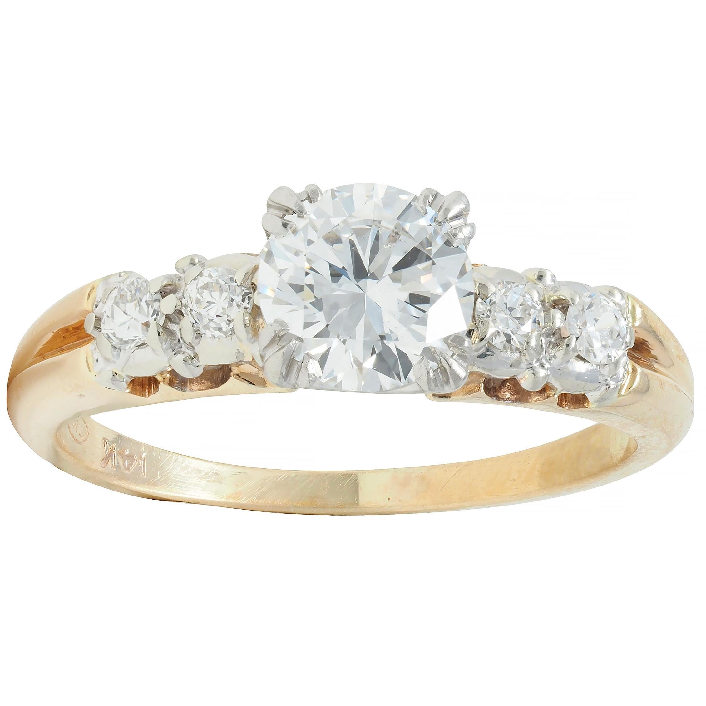 Retro .91 CTW Transitional Cut Diamond Platinum 14K Gold Vintage Engagement Ring For Sale 4