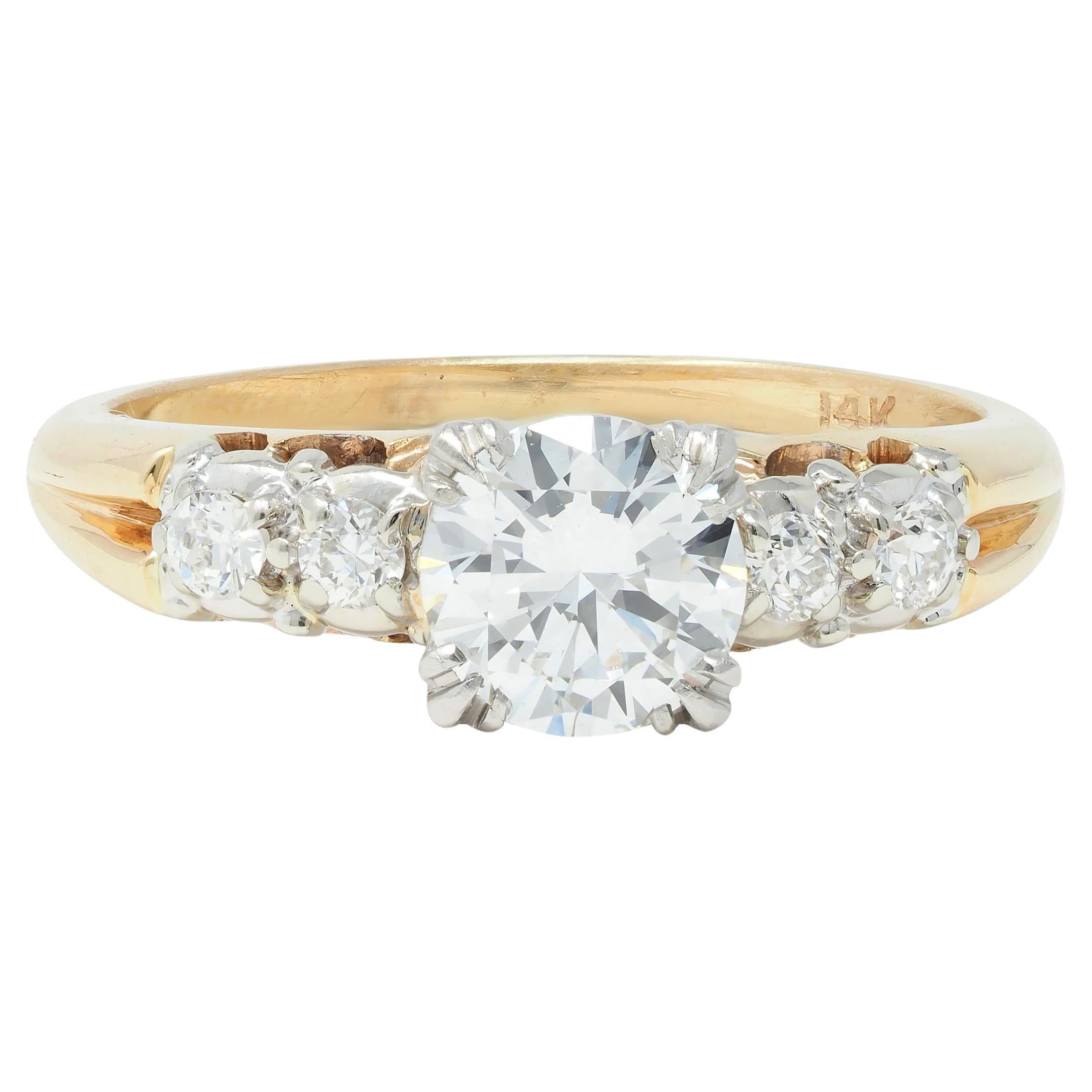 Retro .91 CTW Transitional Cut Diamond Platinum 14K Gold Vintage Engagement Ring For Sale