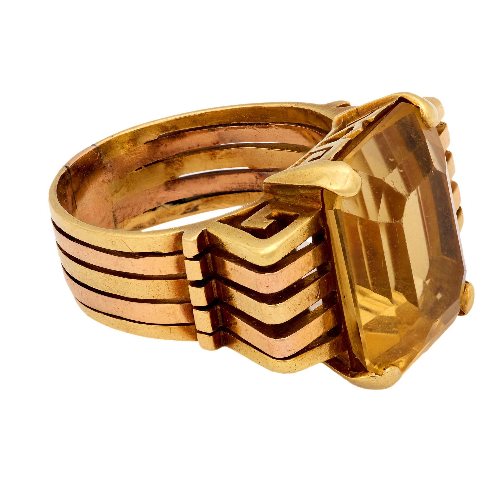 Anillo de cóctel retro de oro amarillo de 18 quilates con citrino de 9,10 quilates Corte esmeralda en venta
