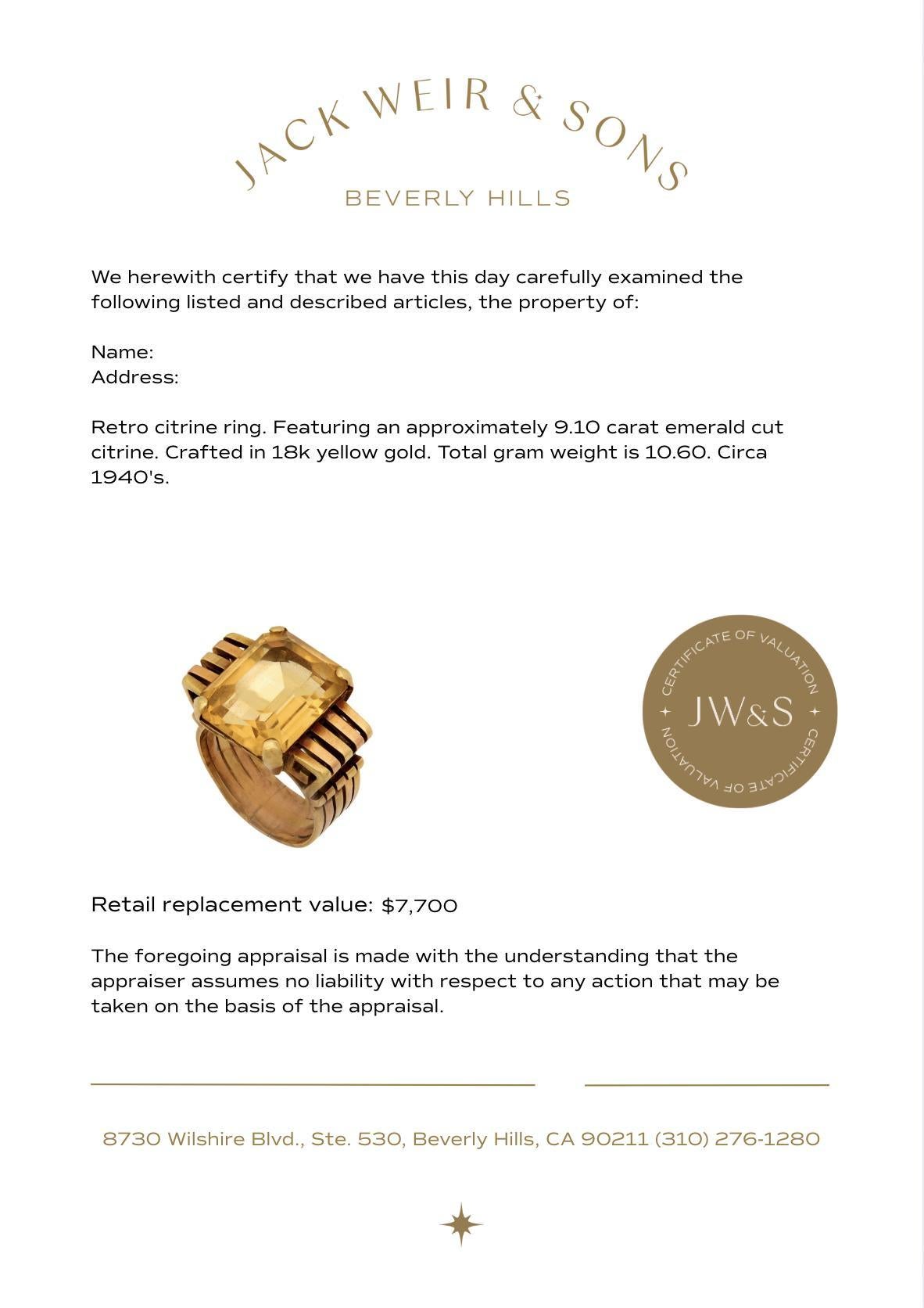 Anillo de cóctel retro de oro amarillo de 18 quilates con citrino de 9,10 quilates en Bueno estado para la venta en Beverly Hills, CA