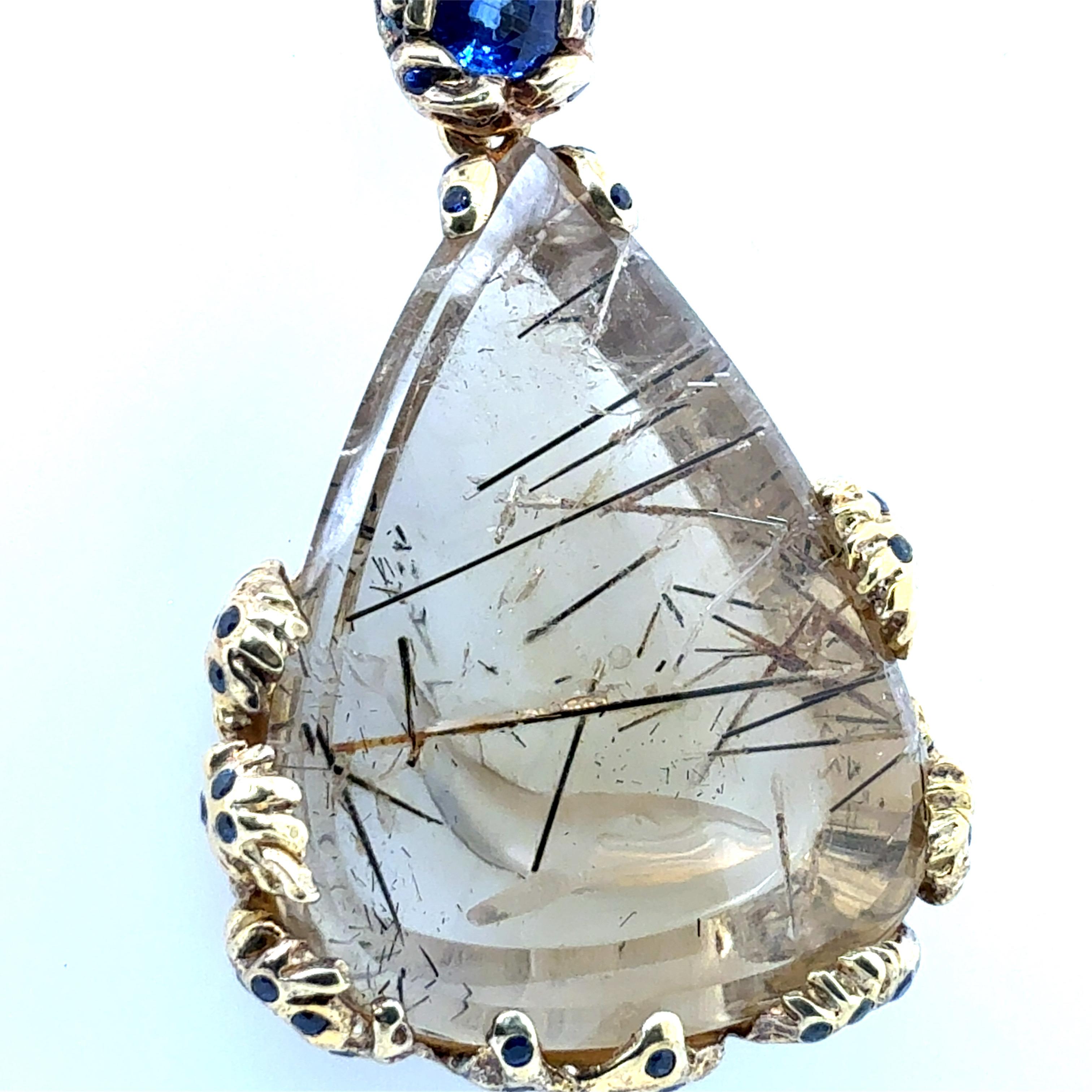 Taglio a goccia Argento retrò 925 Zaffiro blu, quarzo,  Ciondolo con dichiarazione in kyanite di F. Barthe in vendita