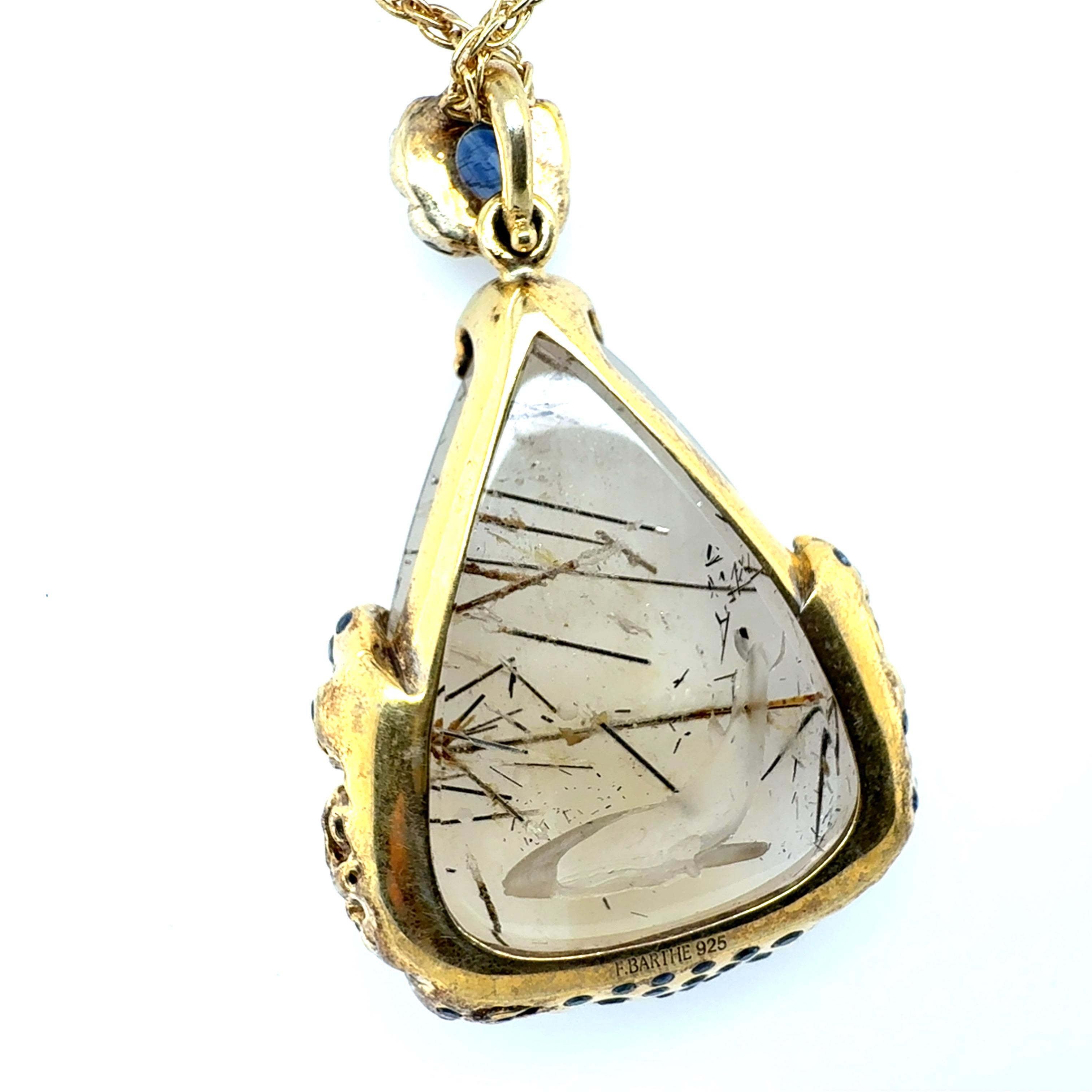 Argento retrò 925 Zaffiro blu, quarzo,  Ciondolo con dichiarazione in kyanite di F. Barthe in vendita 1