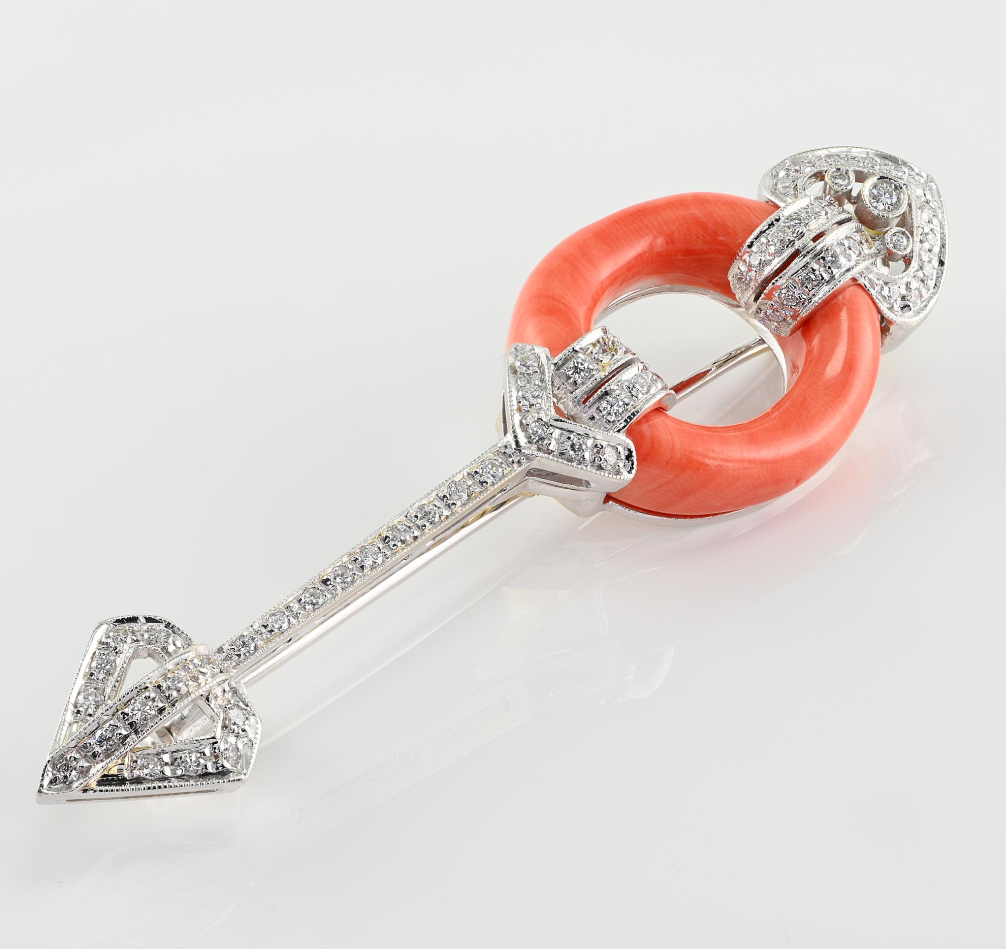 Brilliant Cut Retro .95 Ct G VVS Diamond and Coral 18 KT Brooch For Sale