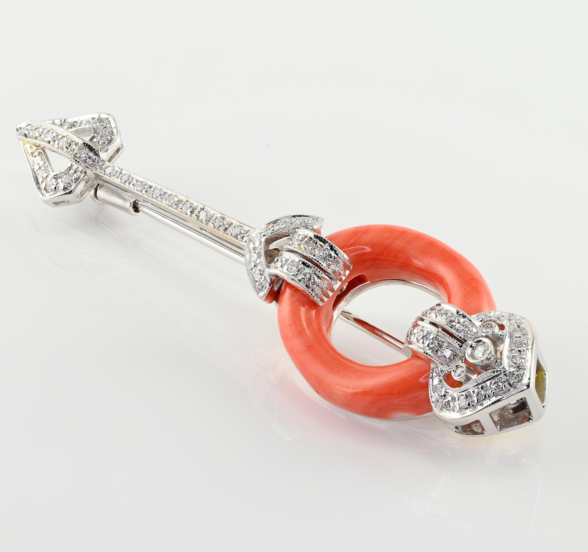 Women's or Men's Retro .95 Ct G VVS Diamond and Coral 18 KT Brooch For Sale