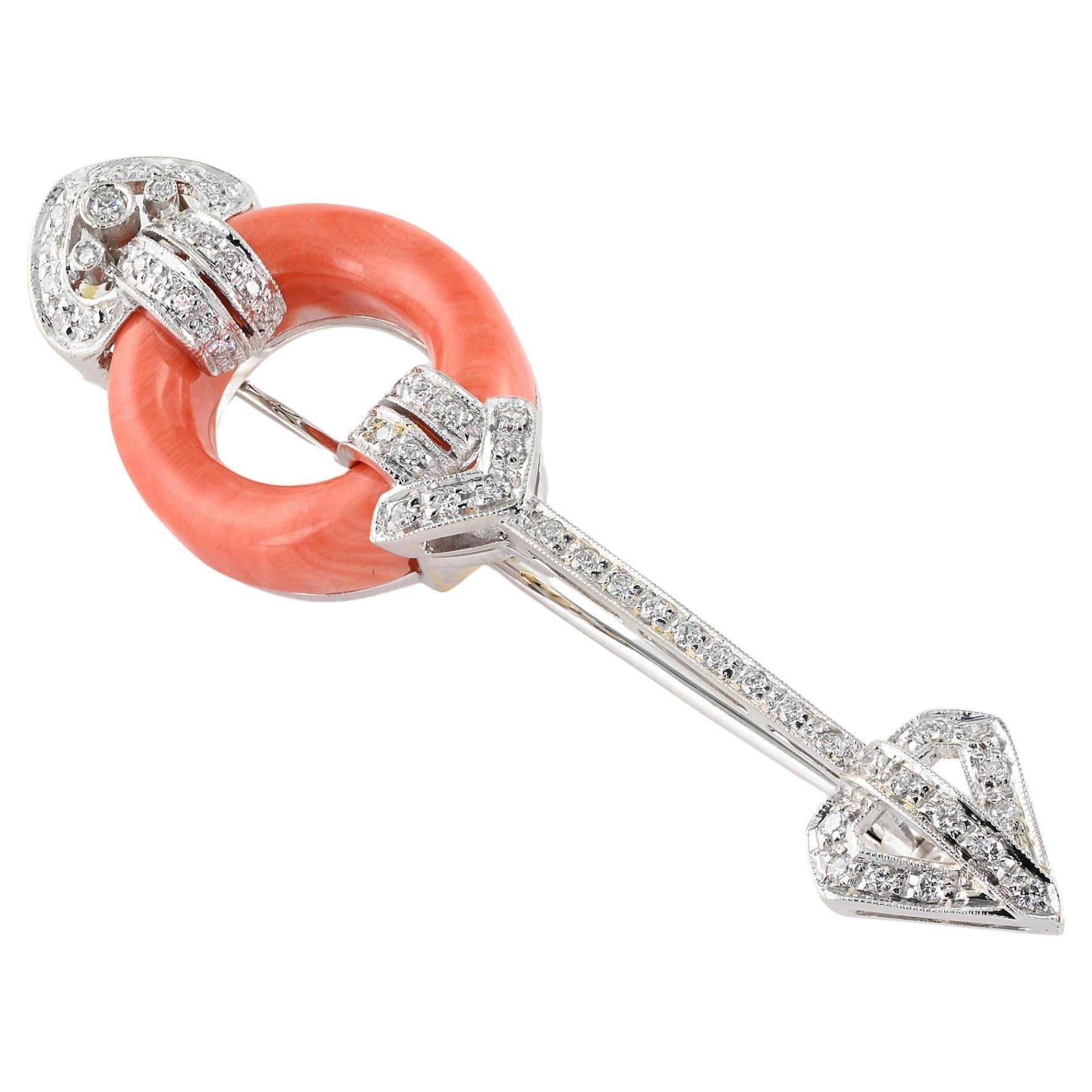 Retro .95 Ct G VVS Diamond and Coral 18 KT Brooch For Sale