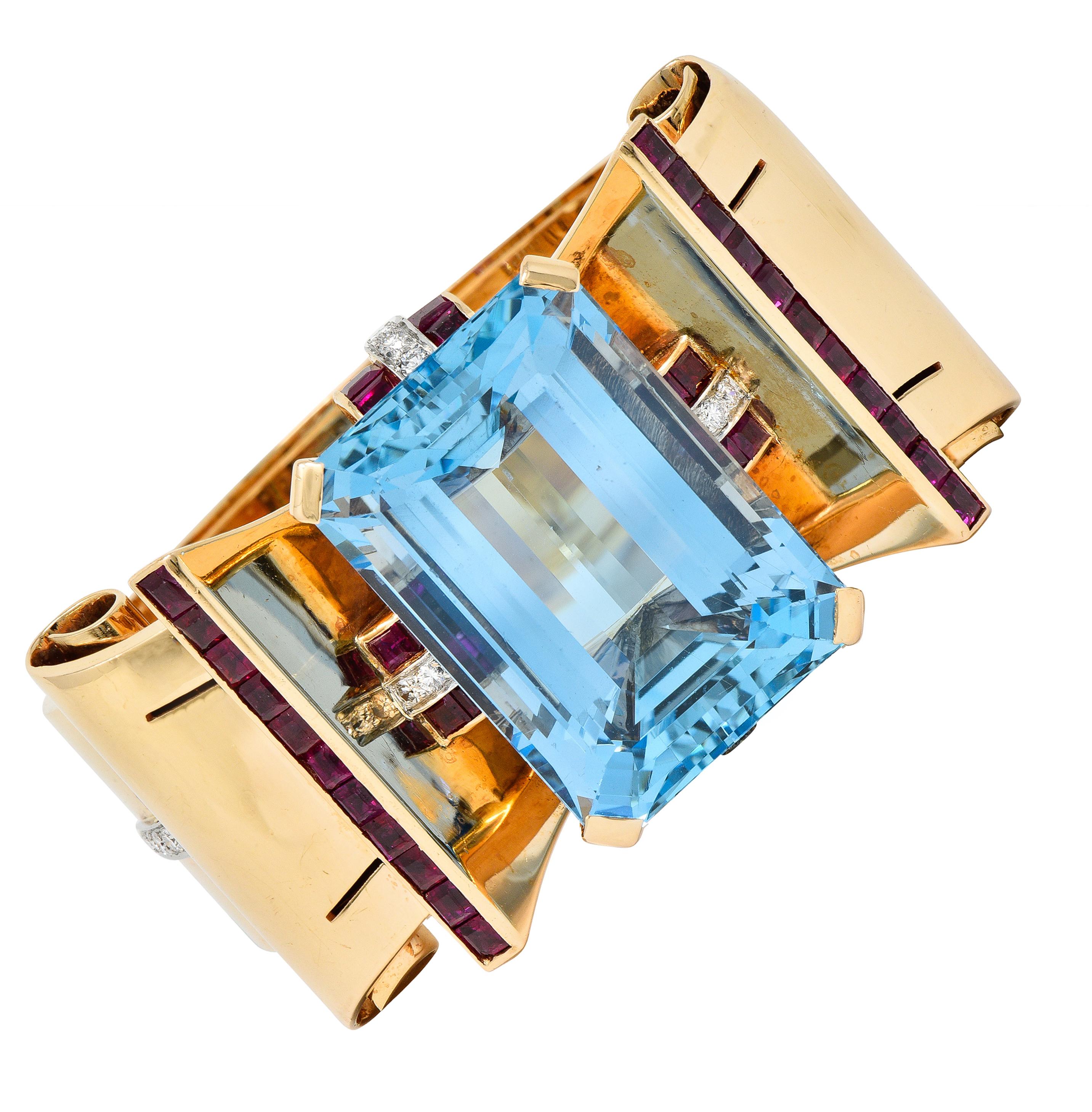Retro 99.66 CTW Aquamarine Ruby Diamond Platinum 14 Karat Rose Gold Bracelet For Sale 5