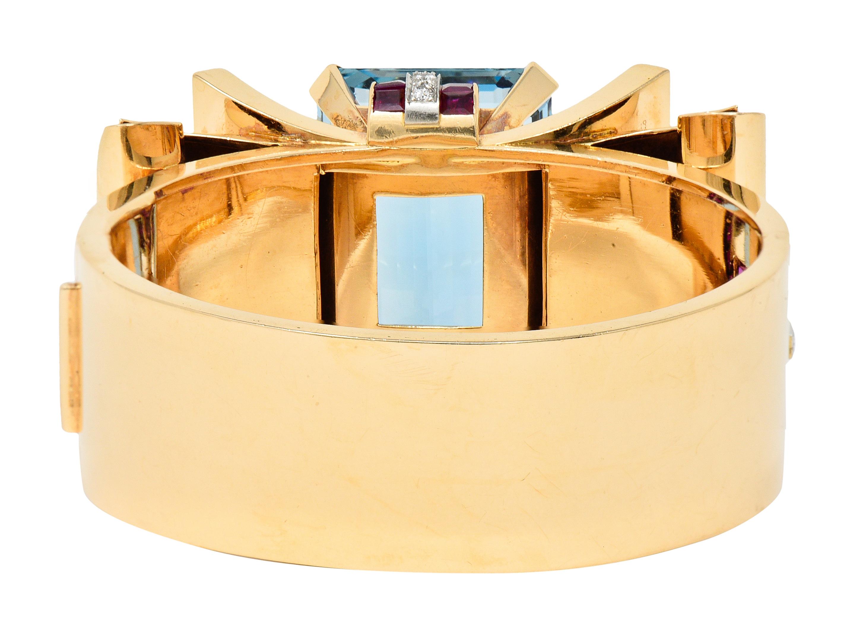 Women's or Men's Retro 99.66 CTW Aquamarine Ruby Diamond Platinum 14 Karat Rose Gold Bracelet For Sale