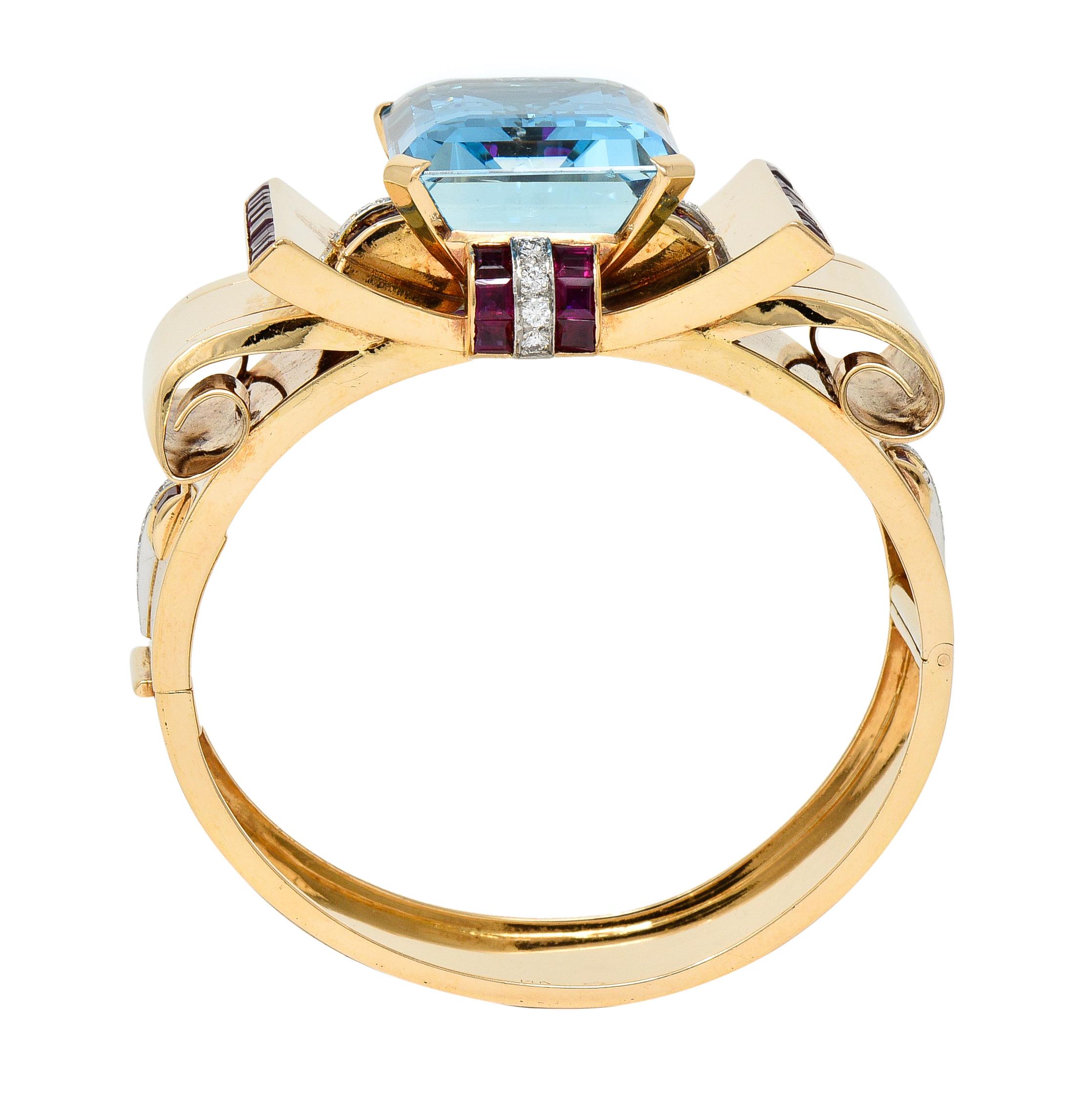 Retro 99.66 CTW Aquamarine Ruby Diamond Platinum 14 Karat Rose Gold Bracelet For Sale 4