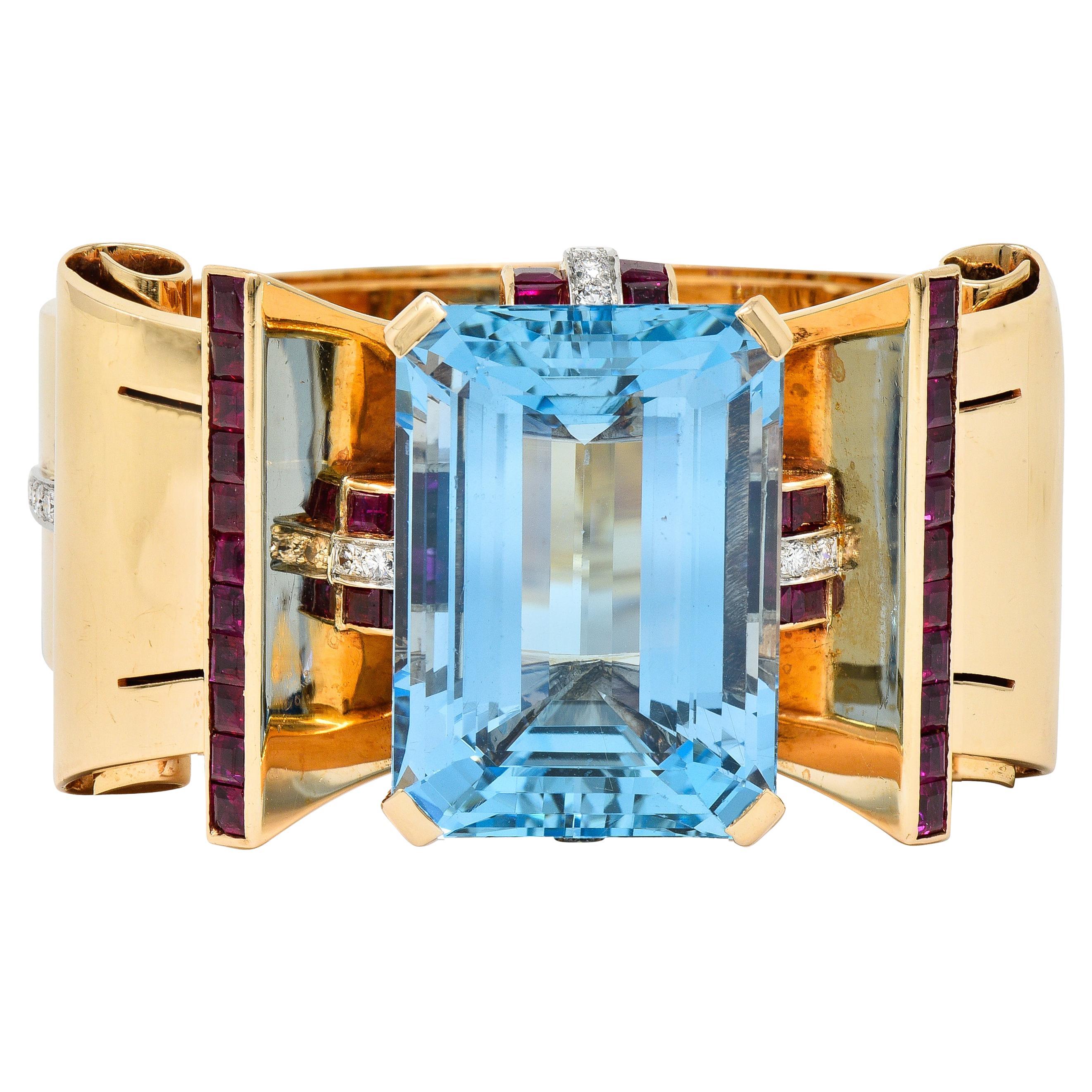Retro 99.66 CTW Aquamarine Ruby Diamond Platinum 14 Karat Rose Gold Bracelet For Sale