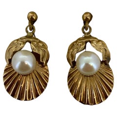 Boucles d'oreilles rétro en or rose 9K avec perles à clips. Motif de coquillages et de feuillages. Boîte d'origine.