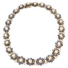 Retro 9k Yellow Gold Floral Festoon Necklace, 15ct Sapphires & Pearls