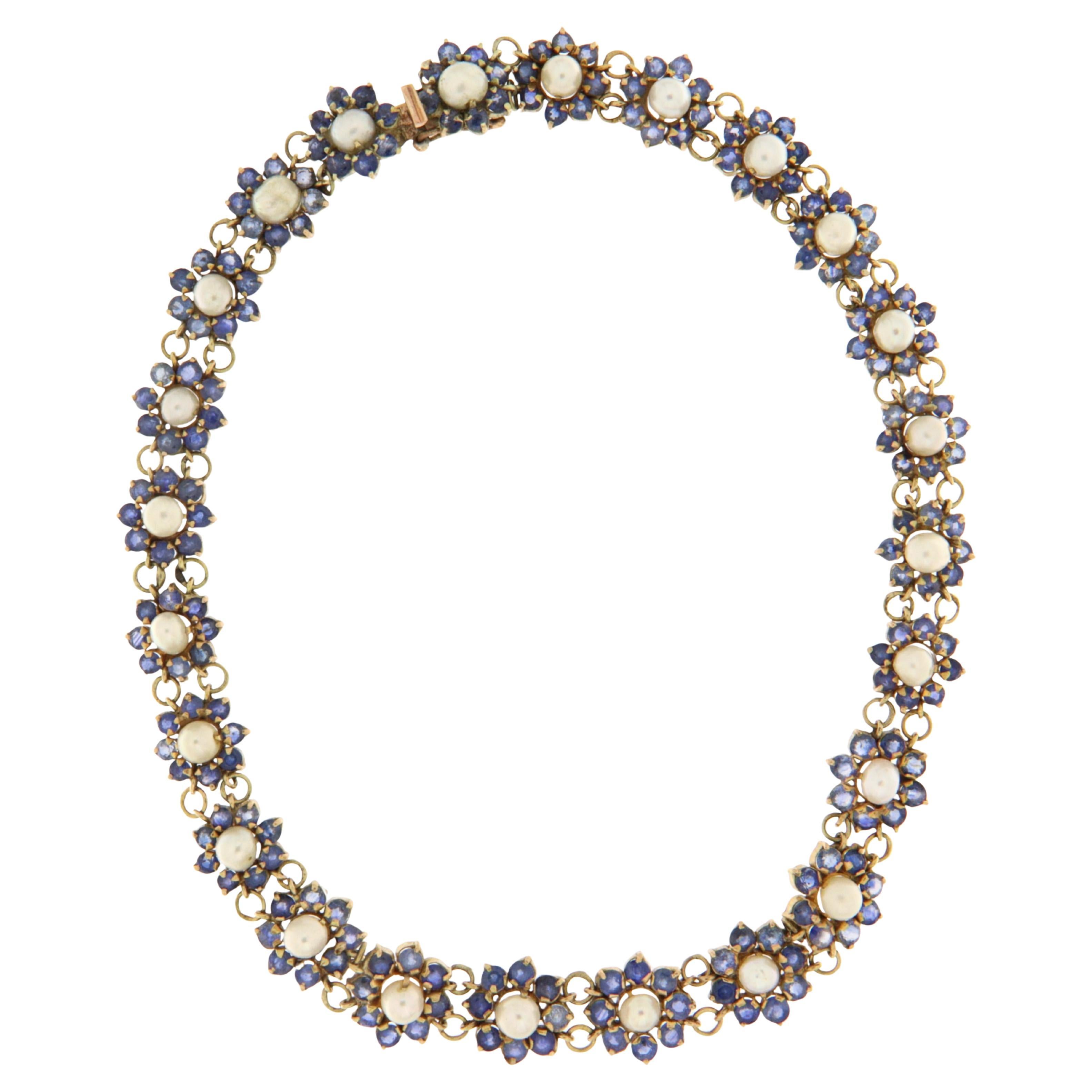 Collana retrò con festone floreale in oro giallo 9k, zaffiri e perle 15ct in vendita