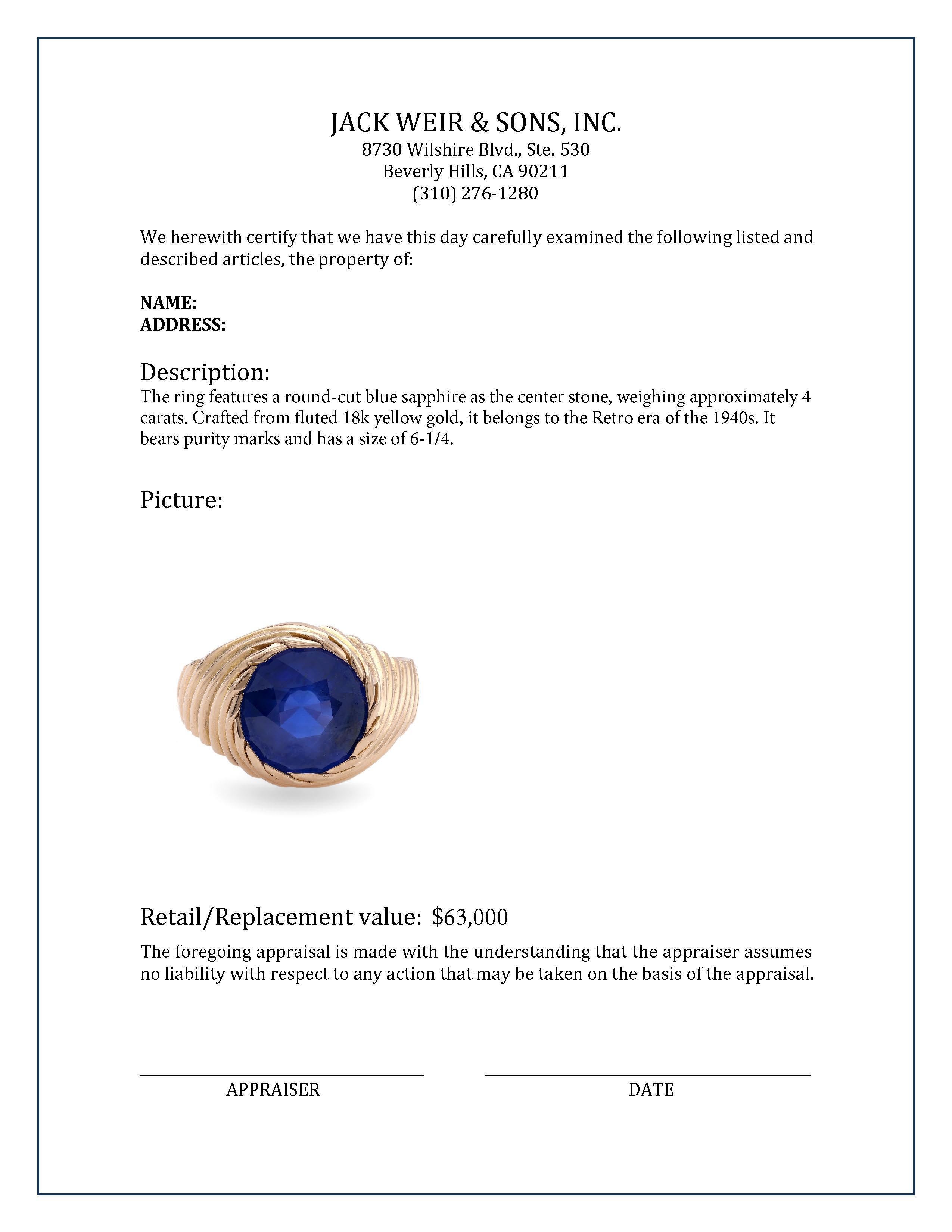 Retro AGL Burma Sapphire Yellow Gold Ring In Excellent Condition For Sale In Beverly Hills, CA