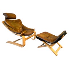 Retro Ake Fribytter Cognac Leather Nelo Mobel Sewdish Armchair & Footstool #243