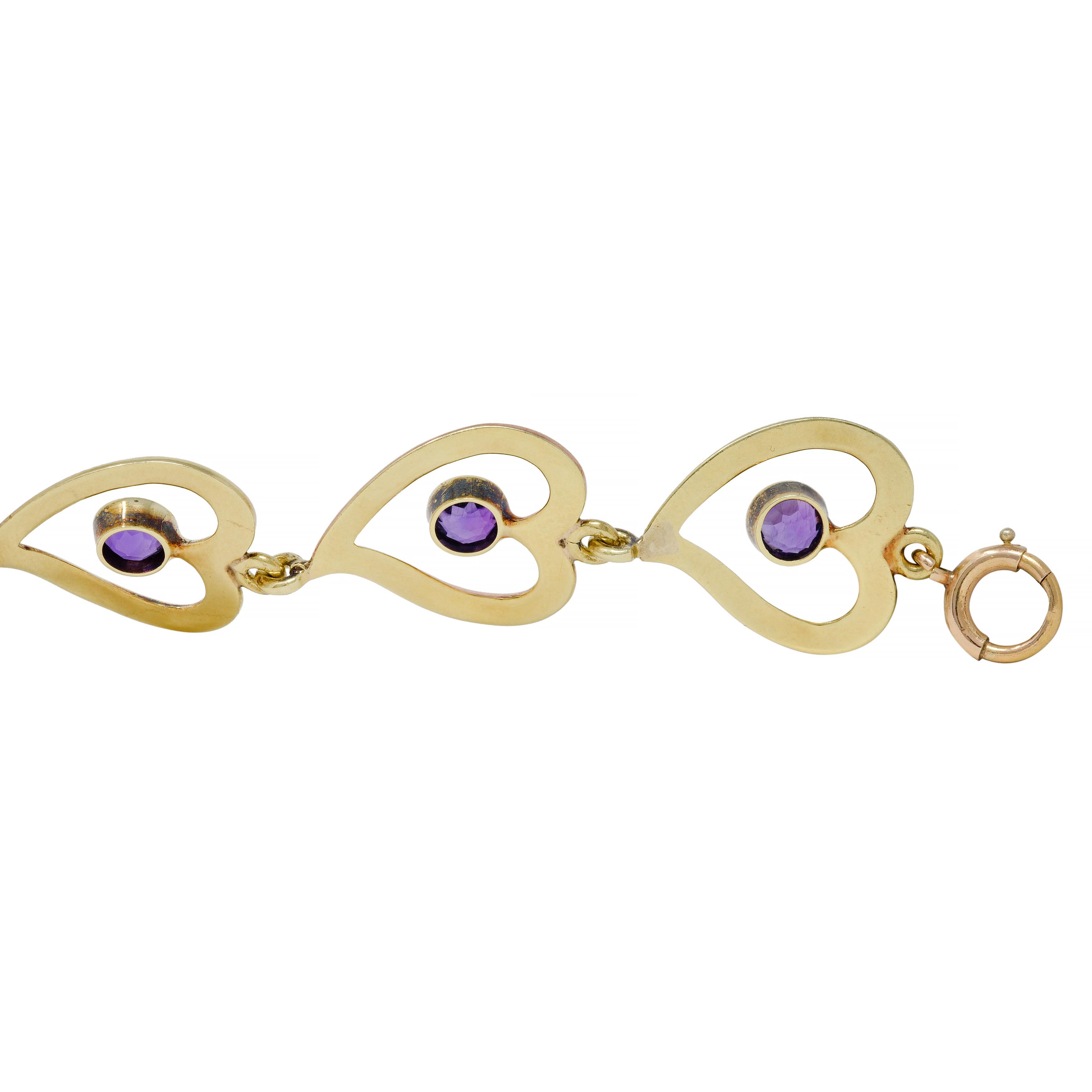 Retro Amethyst 14 Karat Two-Tone Gold Witches Heart Link Vintage Bracelet For Sale 6