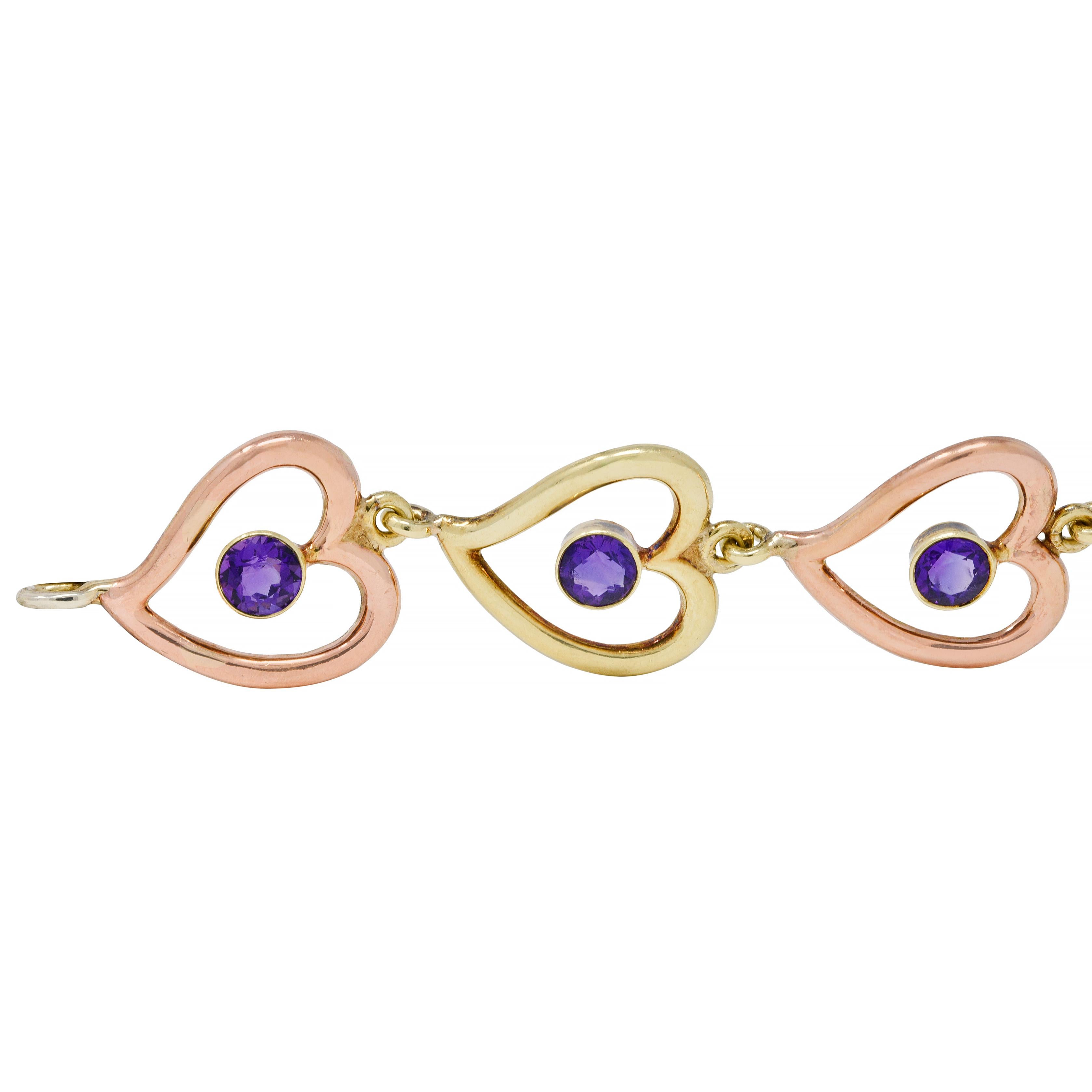 Round Cut Retro Amethyst 14 Karat Two-Tone Gold Witches Heart Link Vintage Bracelet For Sale