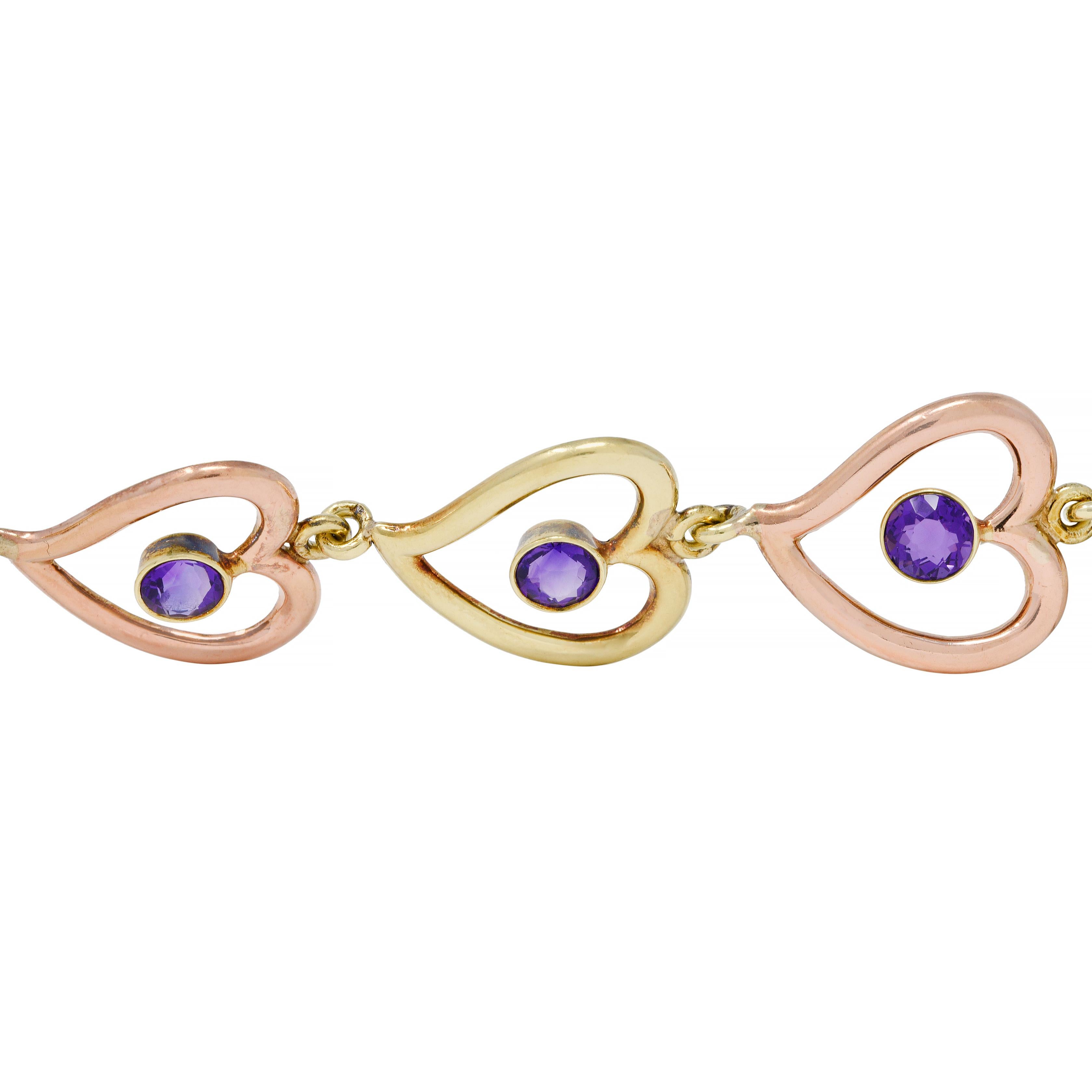 Retro Amethyst 14 Karat Two-Tone Gold Witches Heart Link Vintage Bracelet In Excellent Condition For Sale In Philadelphia, PA