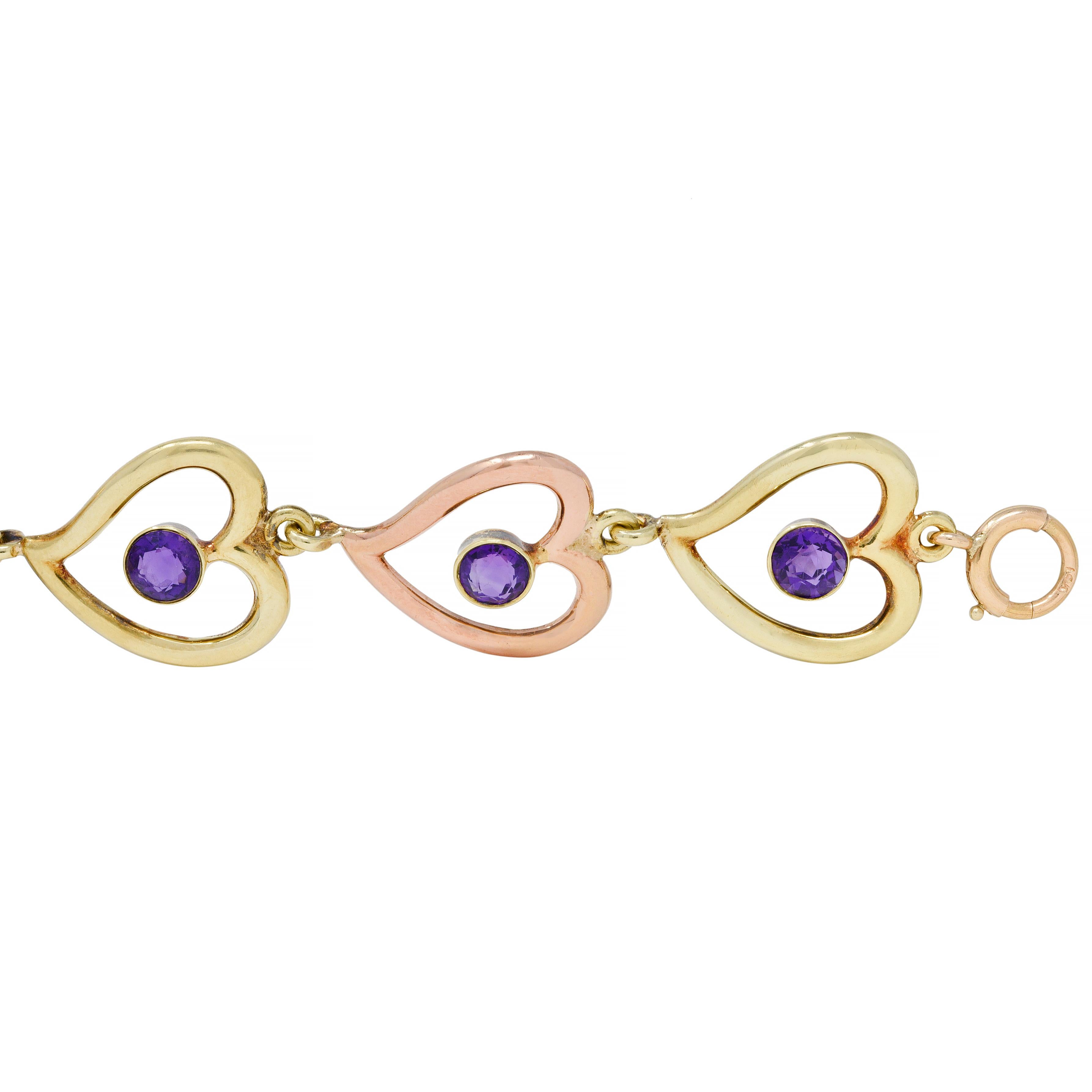 Women's or Men's Retro Amethyst 14 Karat Two-Tone Gold Witches Heart Link Vintage Bracelet For Sale