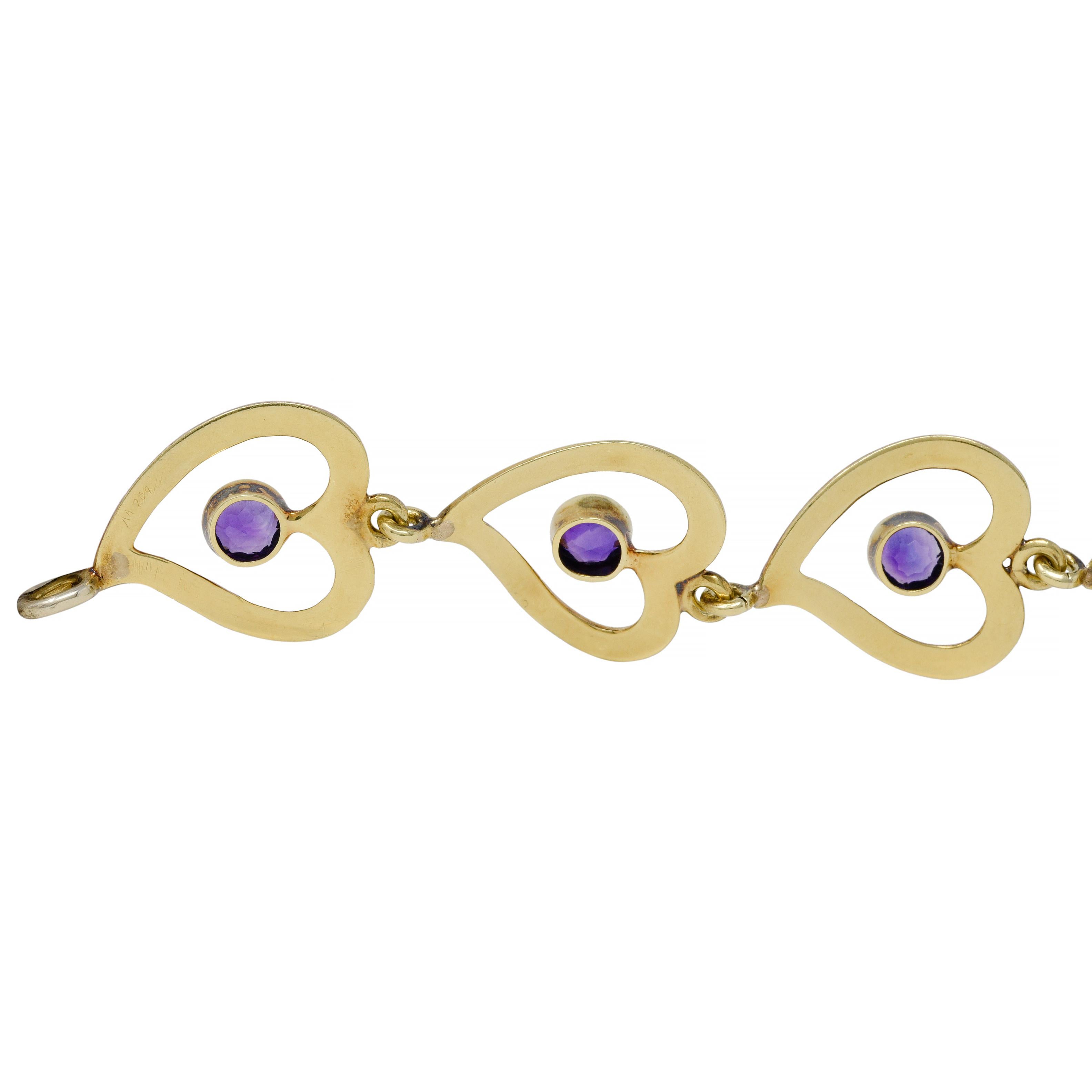 Retro Amethyst 14 Karat Two-Tone Gold Witches Heart Link Vintage Bracelet For Sale 4